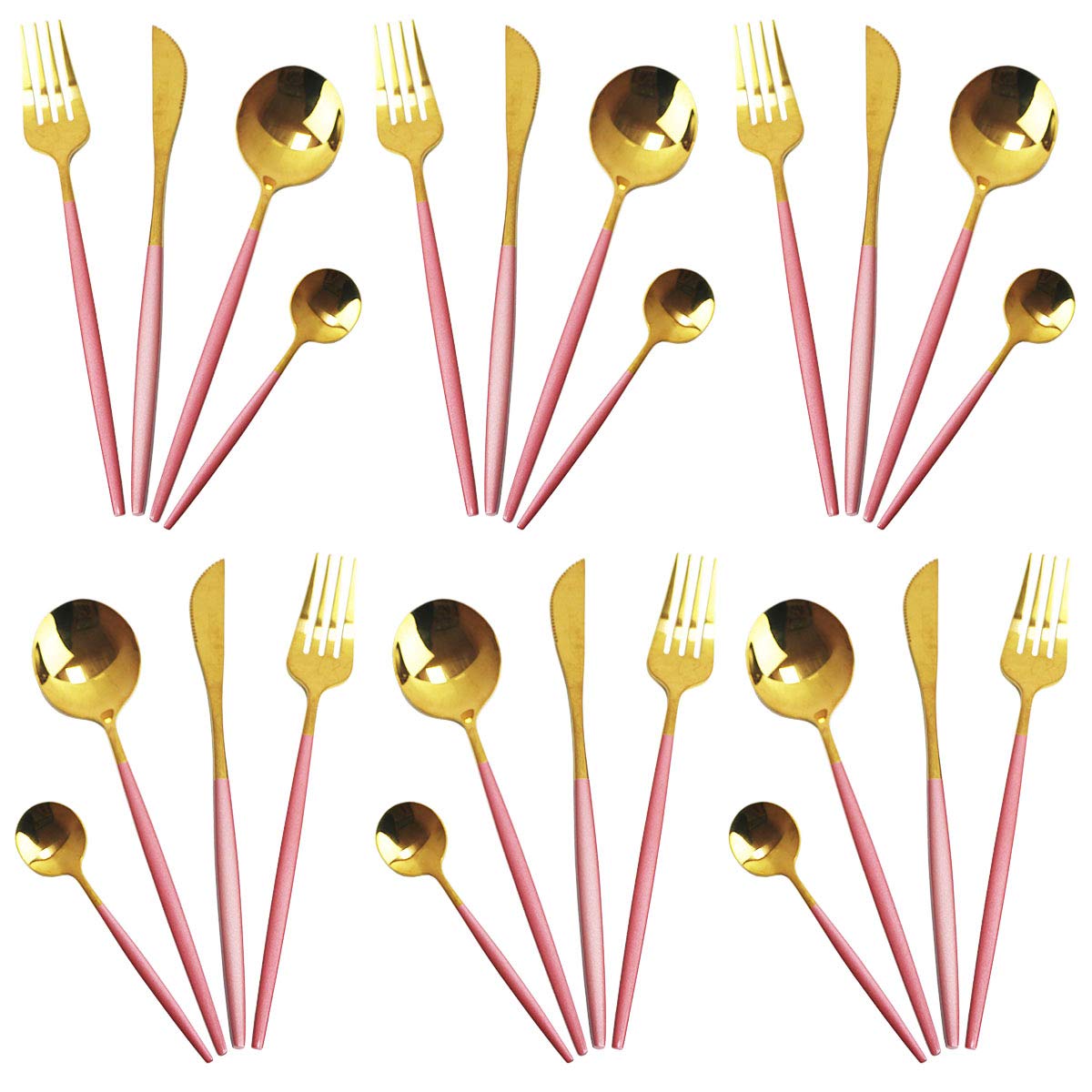 24-Piece Silverware Set - Premium 18/10 Stainless Steel Flatware Set with Mirror Polish (6 Forks, 6 Spoons, 6 Knives, 6 Teaspoons) - Durable Reusable Cutlery for Restaurants, Weddings, Parties & Everyday Dining - Elegant Pink Handle Design for Home & Kitchen Use
