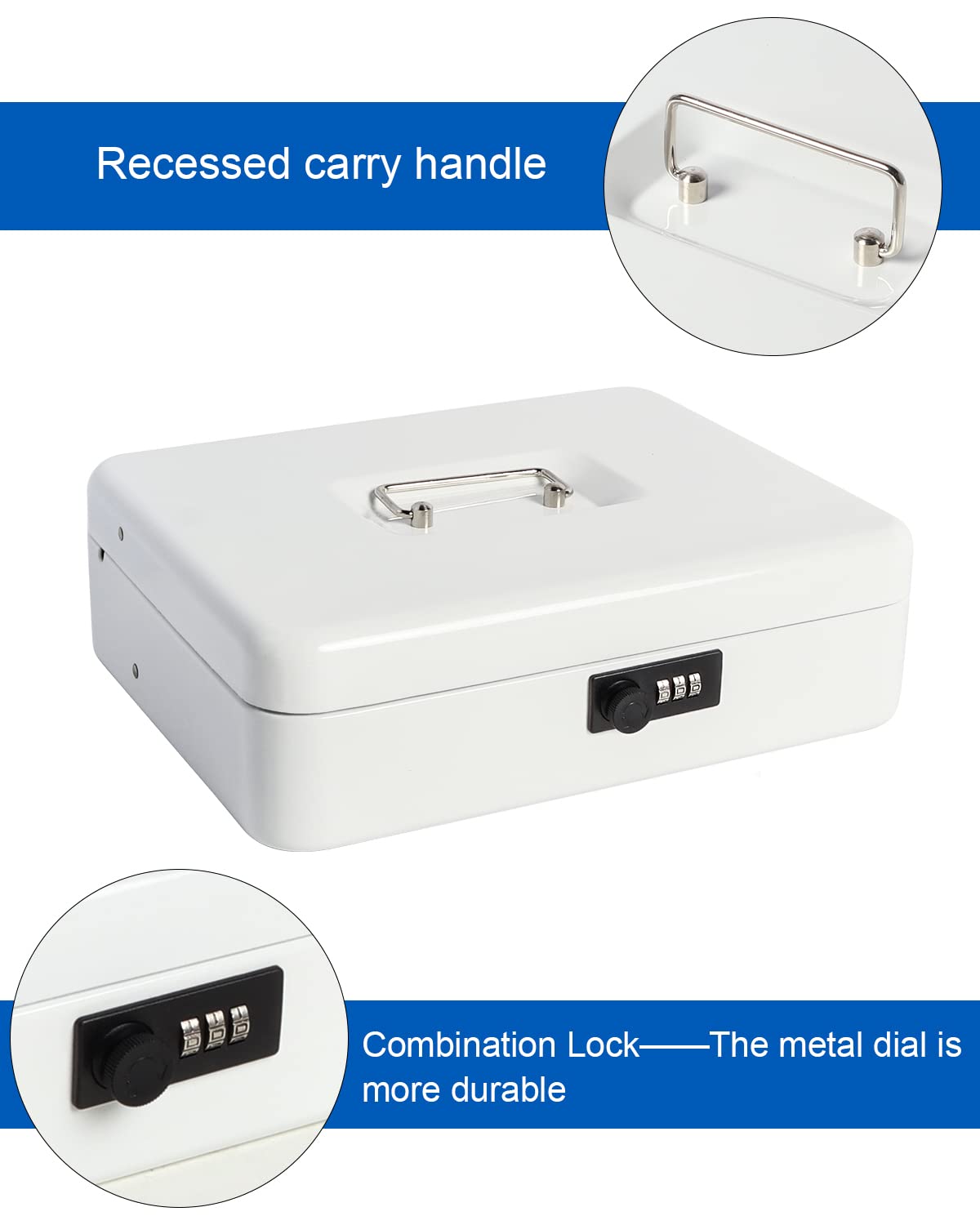 Secure Combination Lock Cash Box with Security Cable - 11.8 x 9.5 x 3.54 Inch Money Safe for Home, Office & Retail Use - White