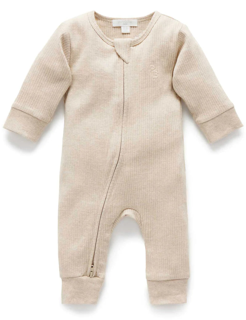 Purebaby Organic Ribbed Growsuit for Babies - Soft Cotton Bodysuit with Snaps, Neutral Biscuit Melange Color - Perfect for Newborns, Daycare & Family Outings