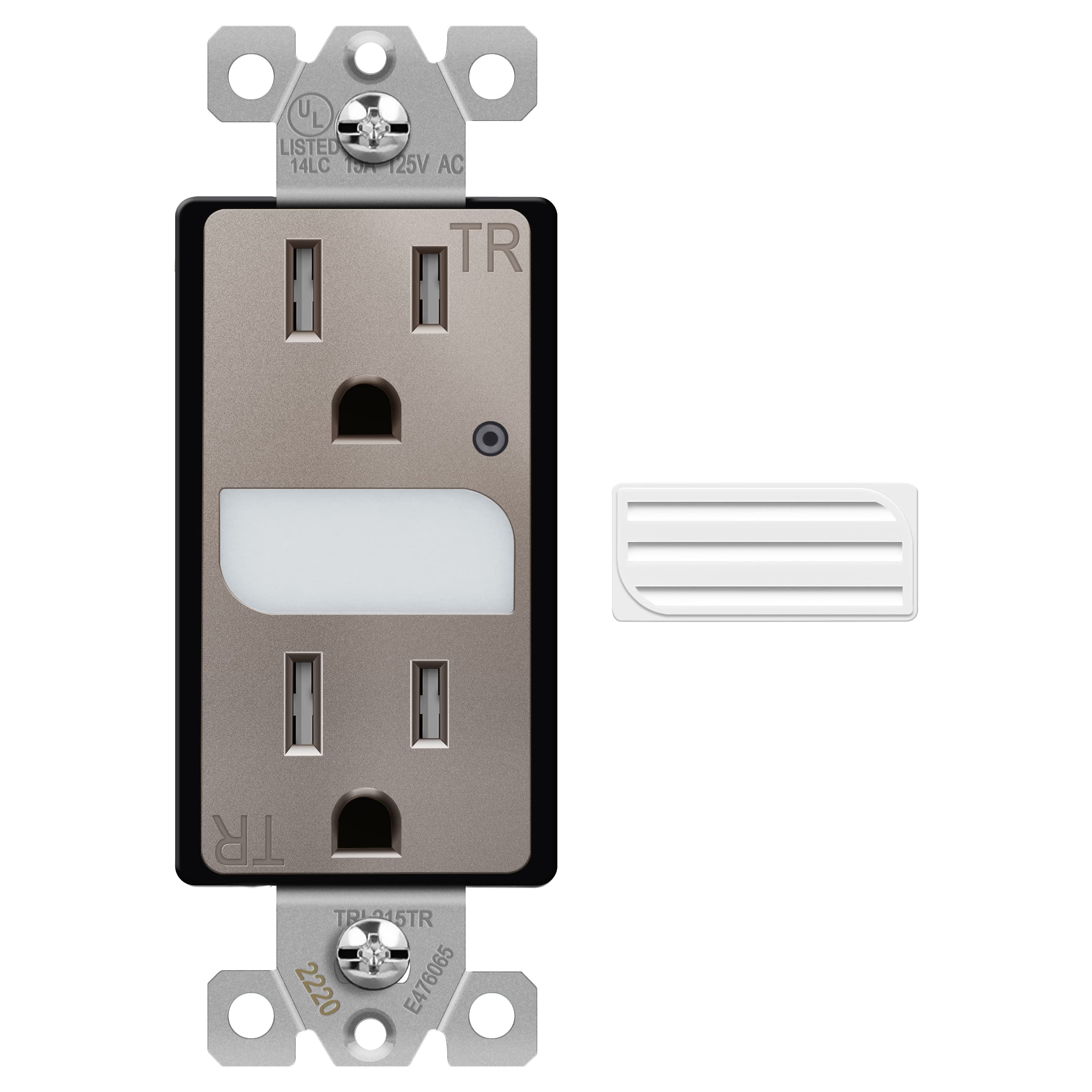 TOPGREENER LED Night Light Outlet with Auto Daylight Sensor - Tamper-Resistant 15A 125VAC Wall Receptacle - Nickel Finish (TGL215TR-NK) - Perfect for Hallways, Bedrooms & Bathrooms