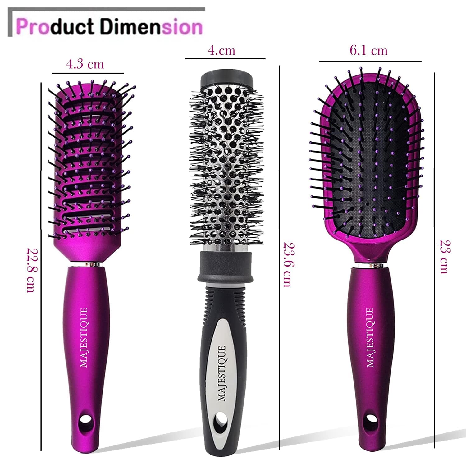 Majestique Hair Brush Set - Detangling Brush, Round Blow Dry Brush & Vent Hair Brush for Smooth Styling - Professional Hair Brushes for Women (Purple/Black) - Perfect for Home Salon, Travel & Daily Hair Care
