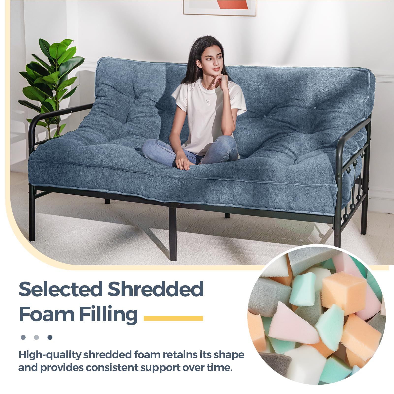 MAXYOYO 6 Inch Full Size Futon Mattress - Thick Boucle Sofa Bed with Shredded Foam Filling for Adults, Dusty Blue | Perfect for Guest Rooms, Dormitories, Small Apartments & Floor Sleeping