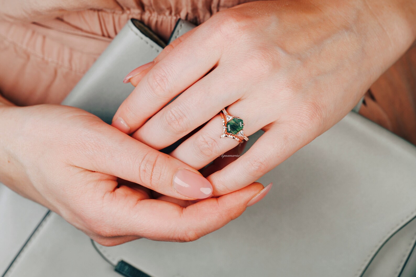 Hexagon Green Moss Agate Ring Set - 14K Rose Gold Vermeil Jewelry for Women, Elegant Stackable Rings for Everyday Wear, Gift for Her, Birthday & Anniversary Present