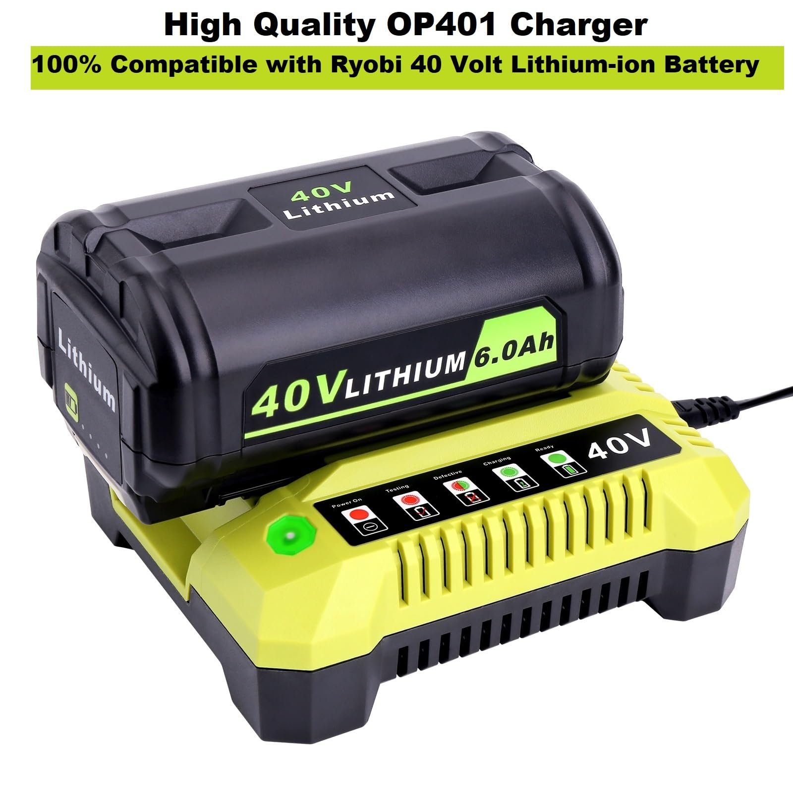 Ryobi 40V Battery Charger Replacement - Fast OP401 Charger Compatible with Ryobi 40V Lithium Batteries OP4040/OP4050/OP4050A/OP40601/OP4026/OP4015/OP4030 - Perfect for Lawn Mowers, Leaf Blowers & Power Tools