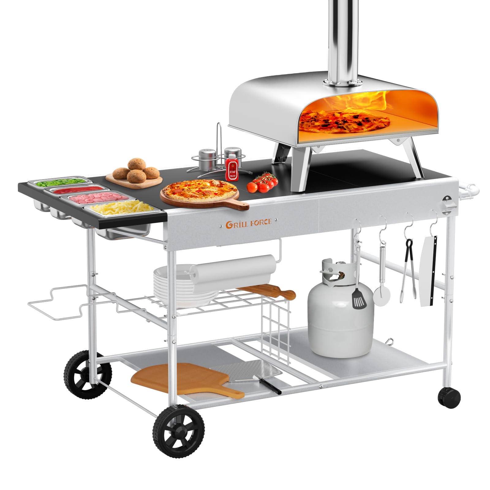 Premium Outdoor Pizza Oven Cart with Topping Station - Heavy Duty Grill Table for Ooni Koda/Karu/Fyra 16 & 12, Ninja Woodfire & Blackstone - Perfect for Backyard Cooking, Patio Entertaining & Outdoor Pizza Parties