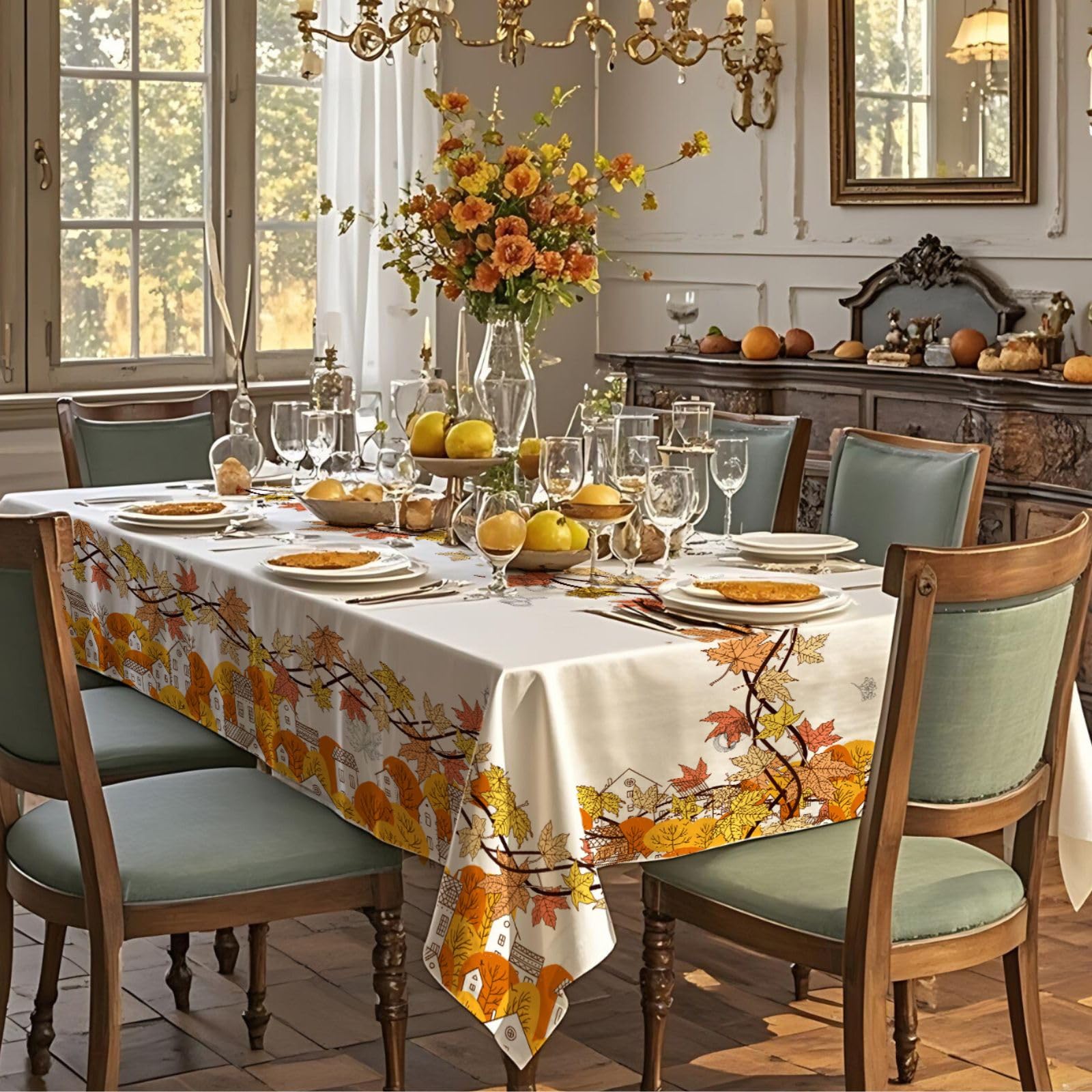Spill-Proof Polyester Maple Leaf Tablecloth for Rectangle Tables - Washable Harvest & Thanksgiving Dining Decor (60