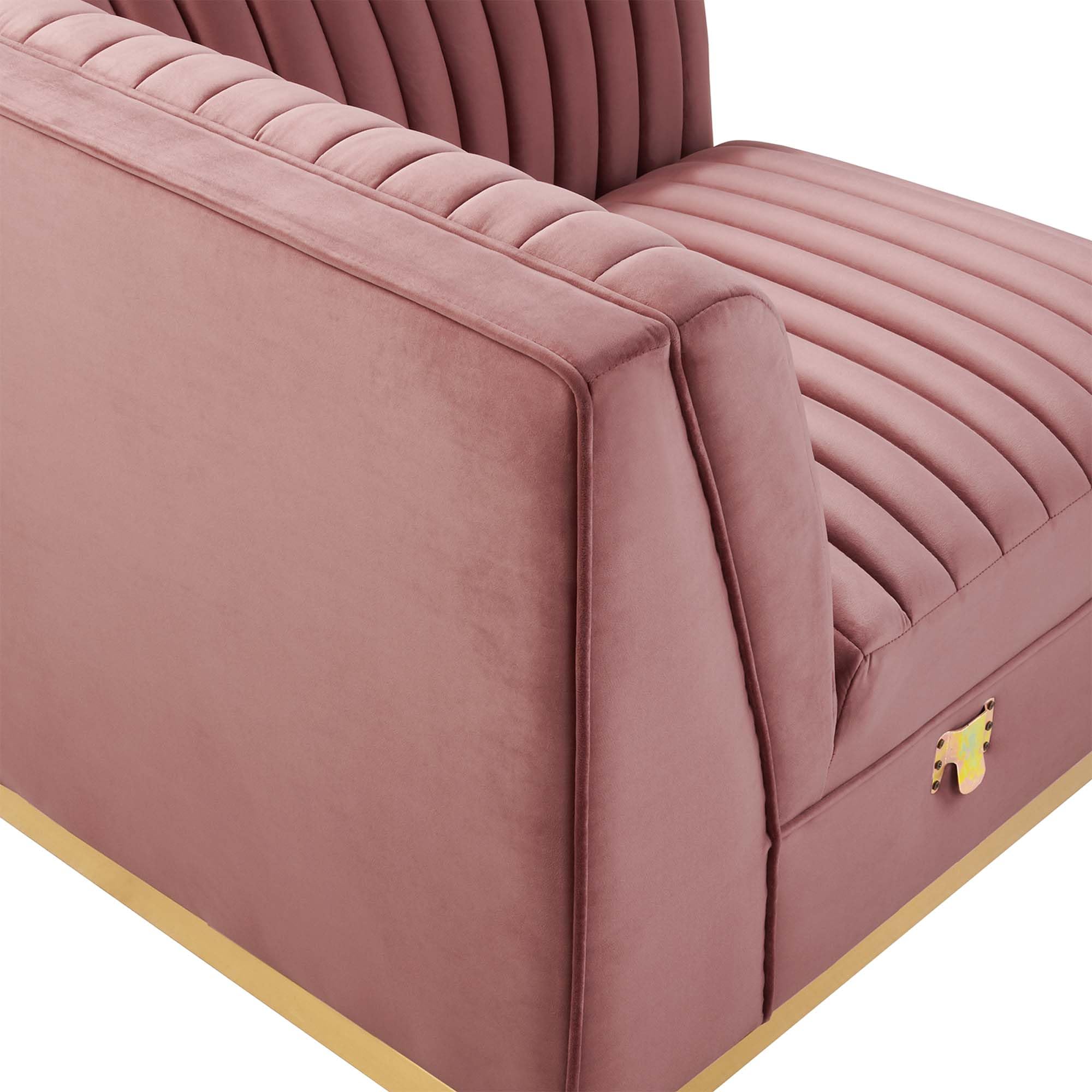 Modway Sanguine Channel Tufted Performance Velvet Modular Sectional Sofa with Ottoman - Left Corner Chaise Lounge in Dusty Rose | Modern Living Room Furniture for Small Spaces & Apartments