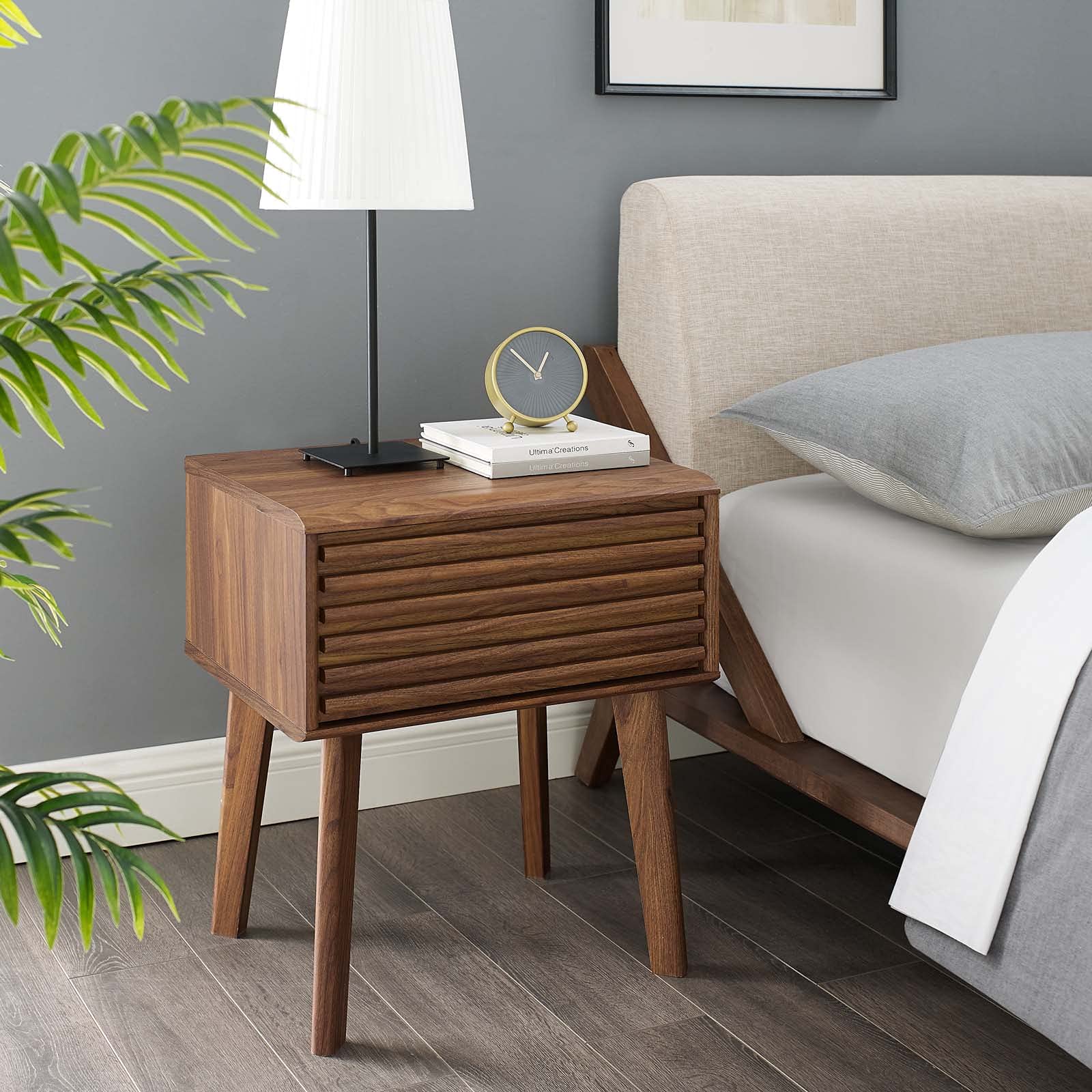 Modway EEI-3345-WAL Walnut Wood End Table Nightstand with Drawer - Modern Bedside Table for Bedroom, Living Room & Office Storage