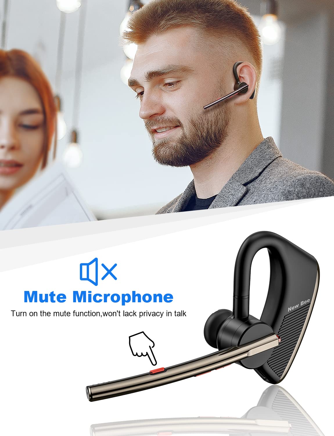New Bee Bluetooth 5.2 Wireless Headset with CVC8.0 Noise Cancelling, Dual Mic, 24H Talktime - Hands-Free Business Headset for iPhone/Android - Perfect for Office Calls, Driving & Remote Work