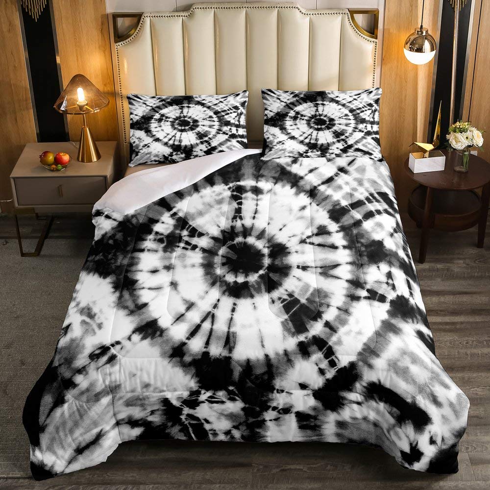 Tie Dye Comforter Set Queen Size - Grey & Black Spiral Swirl Abstract Design, Soft Luxury Down Alternative Bedding Set with 1 Comforter & 2 Pillowcases for Kids, Teens & Adults - Perfect for Boho Bedroom, Dorm Room or Hippie Style Home Decor