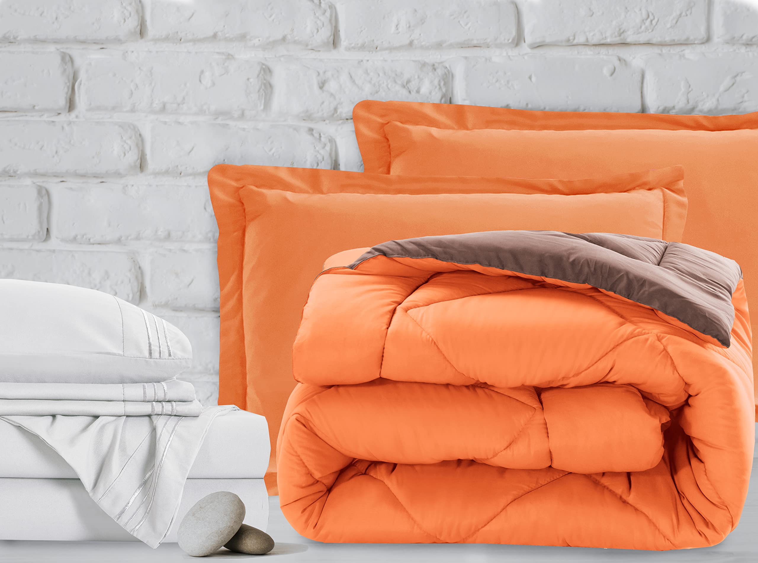 Luxury 7-Piece Twin Size Bed-in-a-Bag Set - 1500 Thread Count Comforter & Sheets, Wrinkle & Stain Resistant, Super Soft & Cozy, Orange/Brown - Perfect for Guest Rooms, Dorms & Cozy Bedrooms