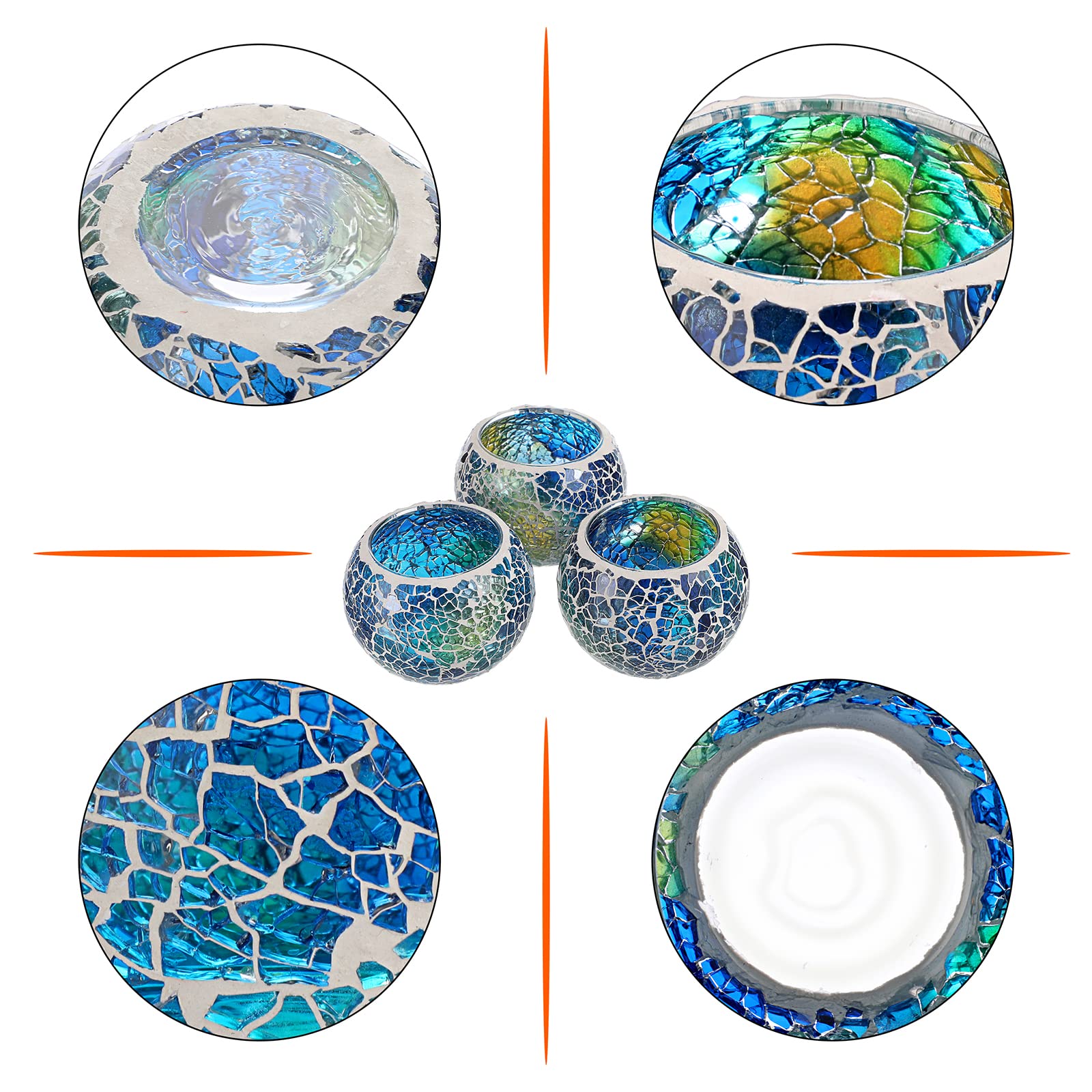 Set of 3 Blue Mosaic Glass Tea Light Holders - Round Bowl Votive Candle Stands for Wedding Centerpiece, Table Decor, Home & Party Decoration