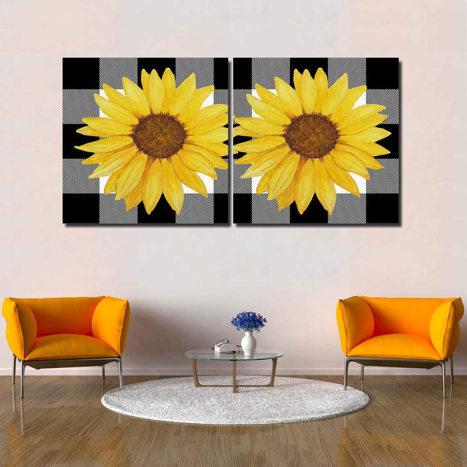 2-Piece Sunflower Canvas Wall Art Set - Autumn Plaid Farmhouse Decor for Living Room, Bedroom, Kitchen & Bathroom - Framed 16x16 Inch Panels - Perfect for Fall Home Decor & Cozy Interior Design