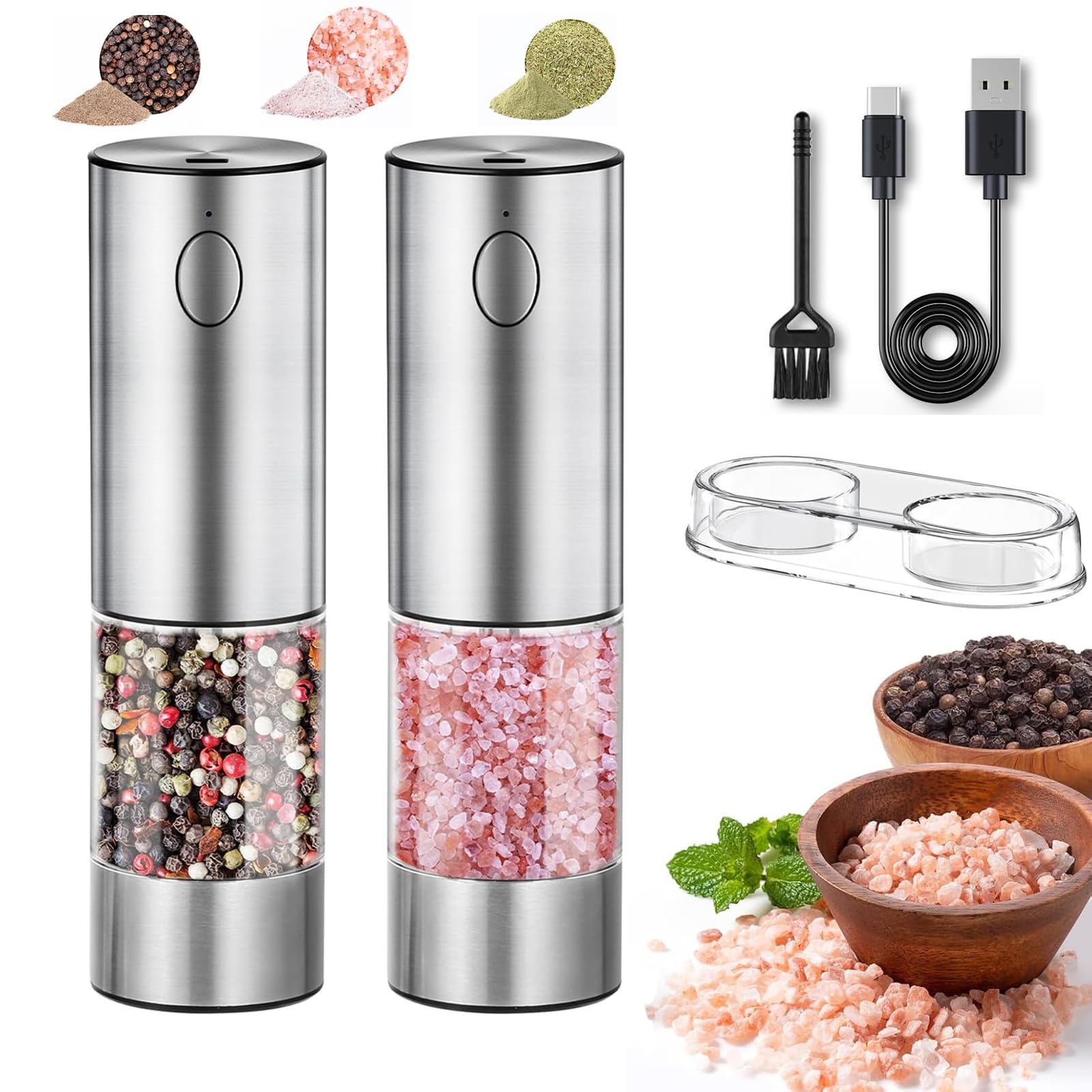 Premium Rechargeable Electric Pepper Grinder & Salt Mill - 5 Adjustable Coarseness Settings, Stainless Steel Body with LED Light - One-Hand Operation for Cooking, BBQ, Dining & Kitchen Use - Includes Storage Base & USB Charging