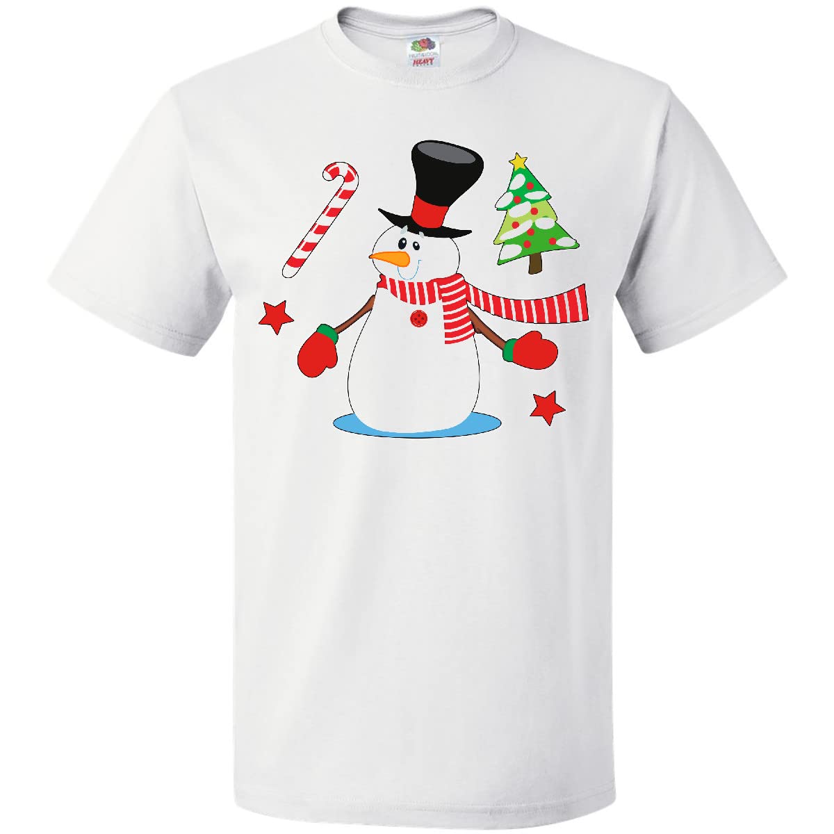 Top Hat Snowman with Christmas Tree & Candy Cane Graphic T-Shirt | Festive Holiday Apparel for Christmas Parties & Family Gatherings