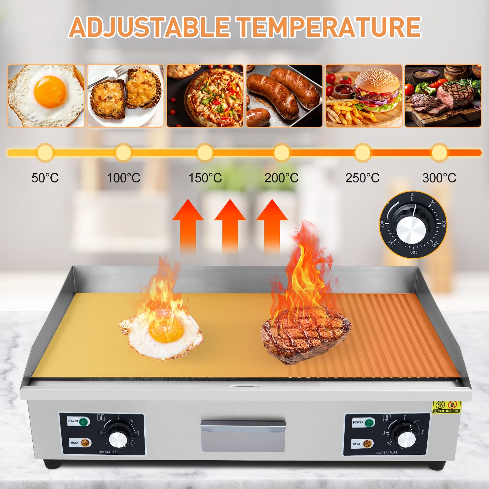 **GARVEE 29 Inch Commercial Electric Griddle with Fluted Surface – 3000W Flat Top Grill for Restaurant, Kitchen & Outdoor BBQ – Non-Stick Stainless Steel Teppanyaki Griddle (110V, No Plug Included) – Perfect for Pancakes, Burgers & Stir-Fry**