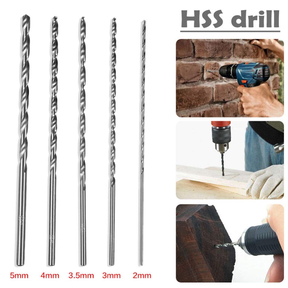 5-Piece Extra Long HSS Twist Drill Bit Set (2mm, 3mm, 3.5mm, 4mm, 5mm) - 150mm Straight Shank for Wood & Metal Drilling - Power Tool Accessories for DIY Projects, Furniture Making, and Home Repairs