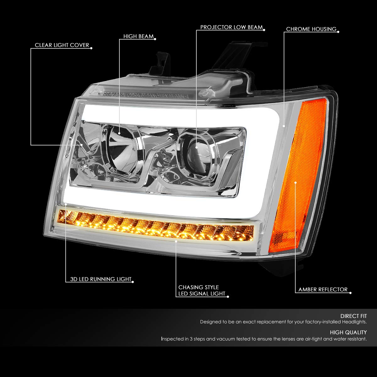 Auto Dynasty LED DRL Headlights Assembly for 2007-2014 Chevy Tahoe Suburban Avalanche - Driver & Passenger Side Projector Headlamps with LED Sequential Turn Signal, Chrome Housing & Amber Corner - Perfect for Night Driving & Off-Road Adventures