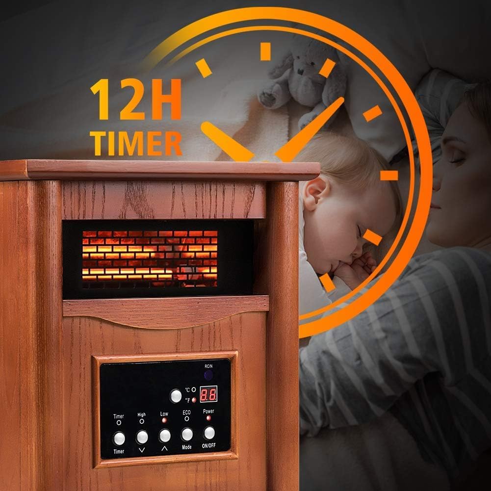 1500W Electric Infrared Space Heater with Remote Control - Quartz Indoor Heater for Large Rooms & Basements | 3 Heat Settings, 12H Timer, Tip-Over & Overheat Protection | Perfect for Home, Office & Winter Heating (Light)