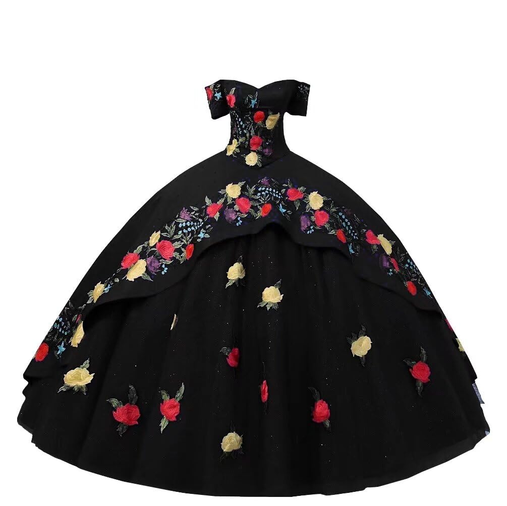 Elegant Yellow & Red Embroidered Off-Shoulder Quinceañera Dress - Mexican Charro Style Sweet 15 Gown for 2025 | Perfect for Quinceañera Celebrations, Birthday Parties & Special Occasions