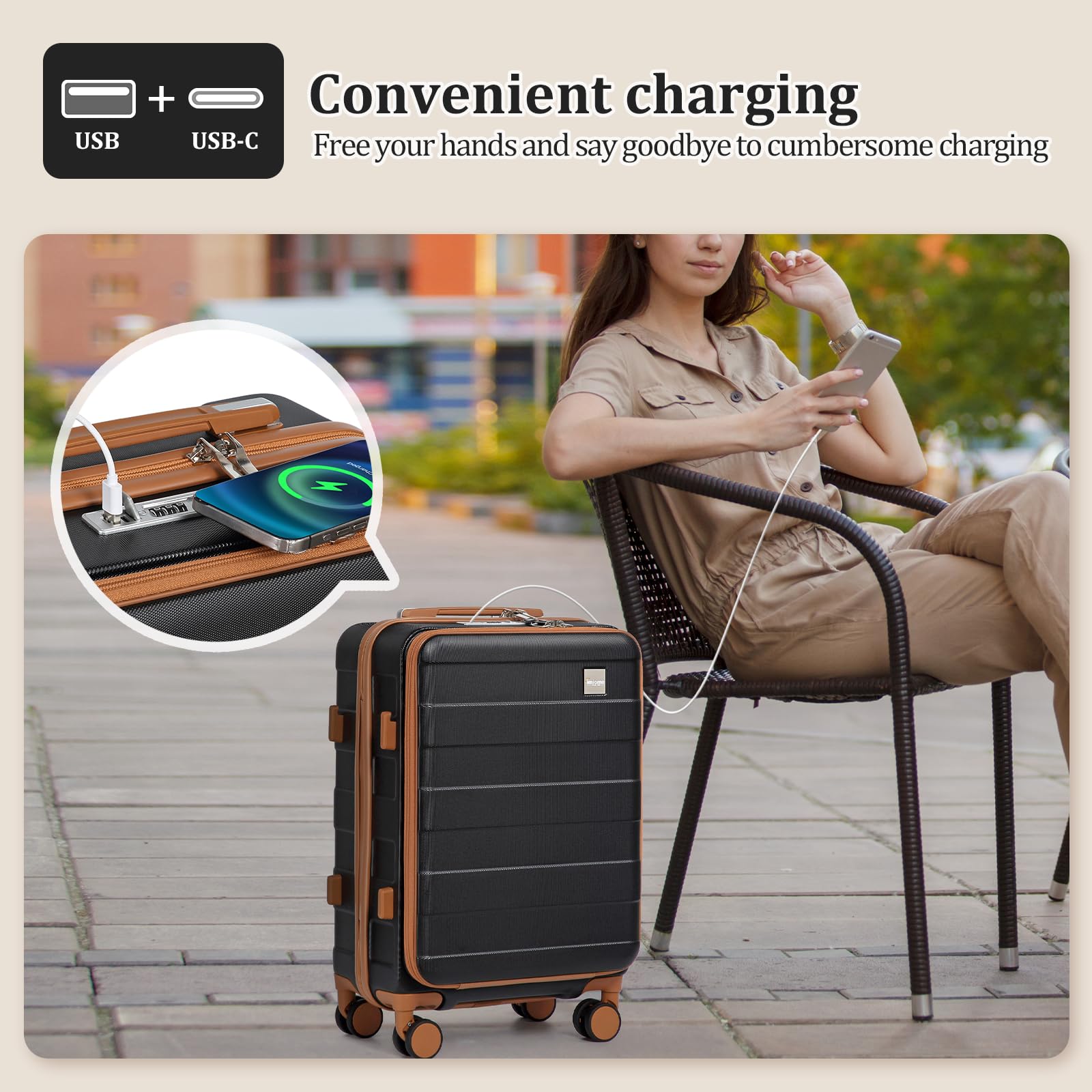 imiomo 20 Inch Hard Shell Carry on Luggage - Airline Approved TSA Lock Spinner Wheel Suitcase with USB Charging Port for Travel, Black | Perfect for Business Trips & Weekend Getaways