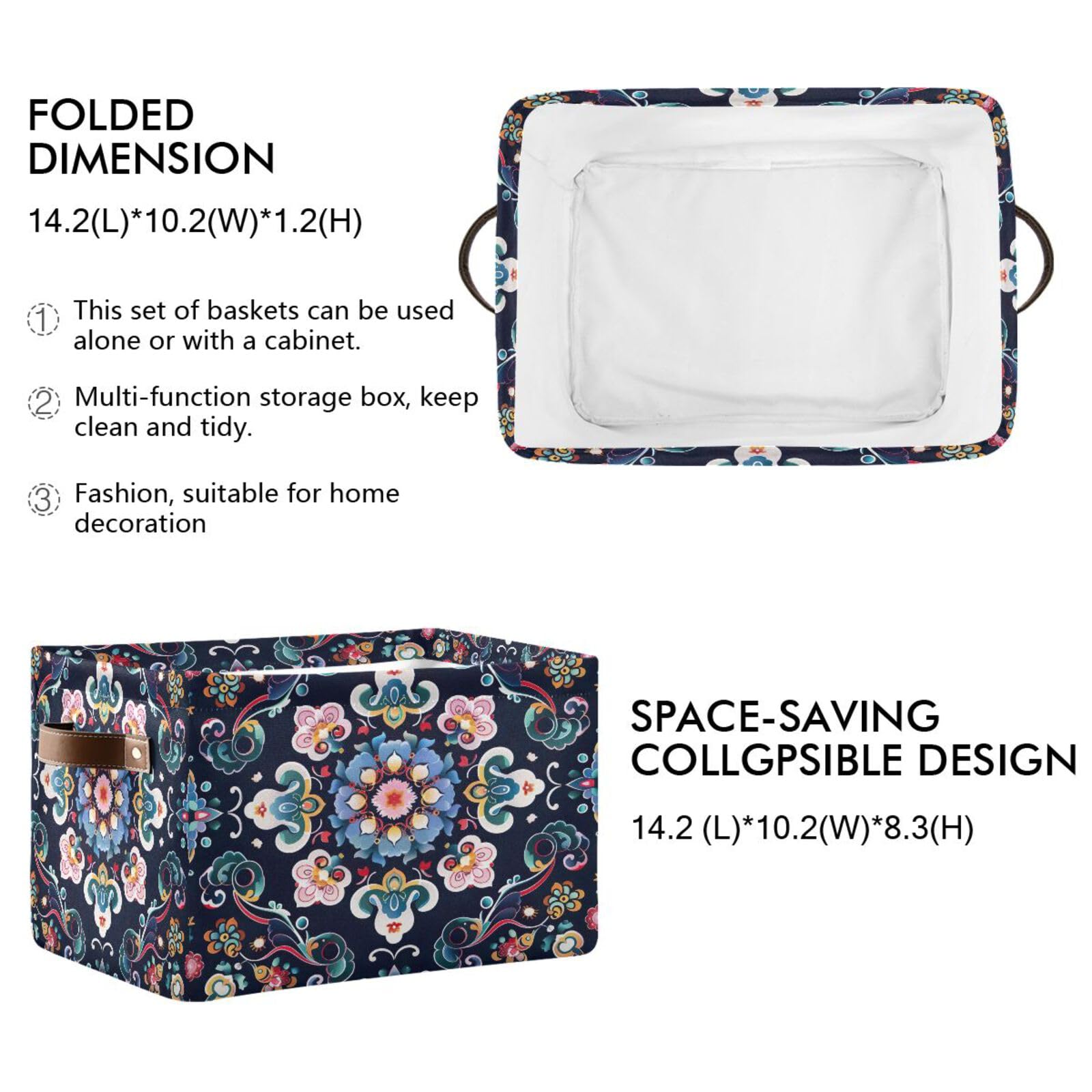 Qilmy Mandala Storage Basket 2-Pack - Foldable Canvas Rectangular Organizer with Leather Handles for Closet, Office, Nursery & Home Decor | Perfect for Toy Storage, Blanket Organization & Shelf Bins