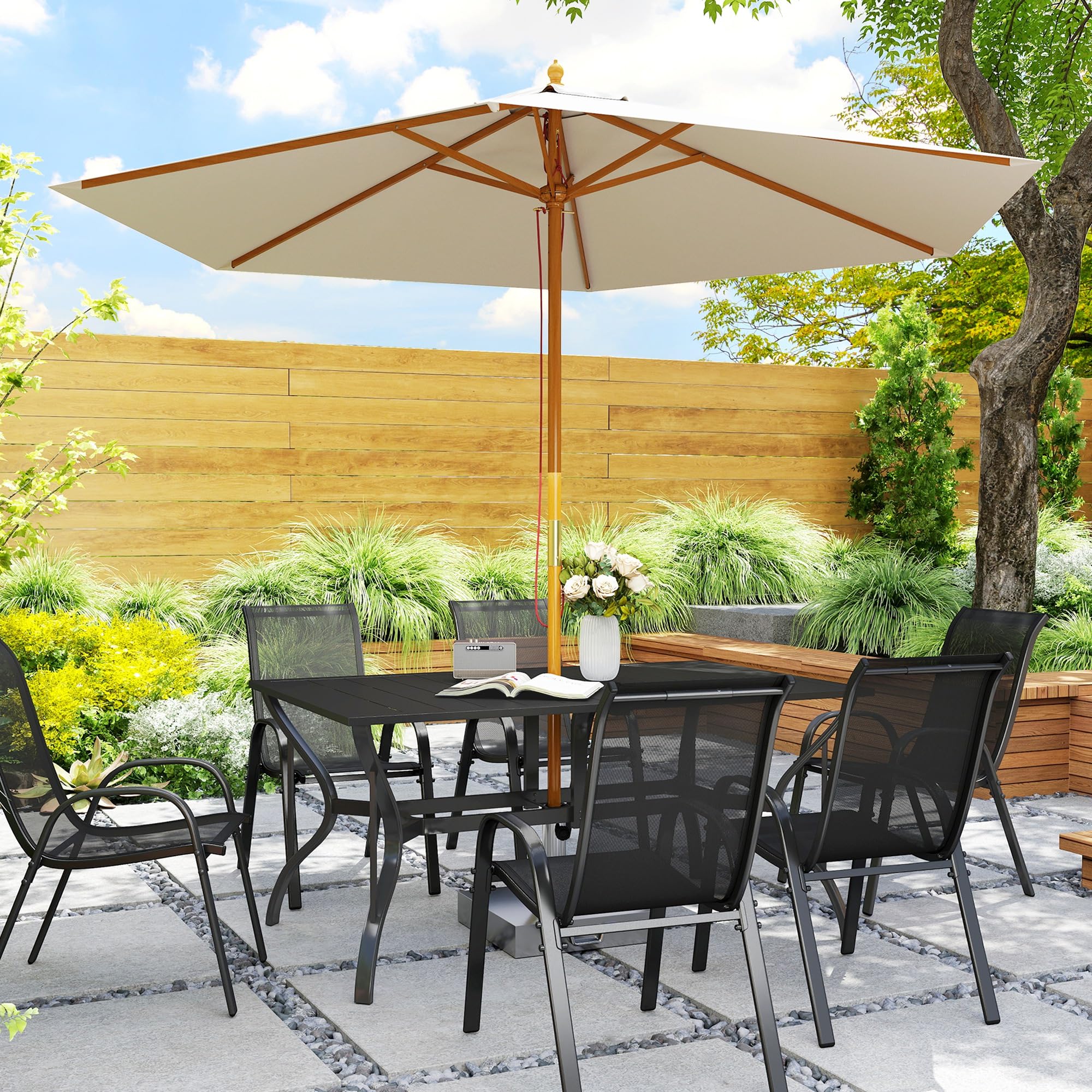Outsunny 6-Person Outdoor Dining Table - Black Steel Rectangular Patio Table with Umbrella Hole - Durable Garden & Balcony Furniture for BBQ, Poolside Gatherings & Backyard Entertaining