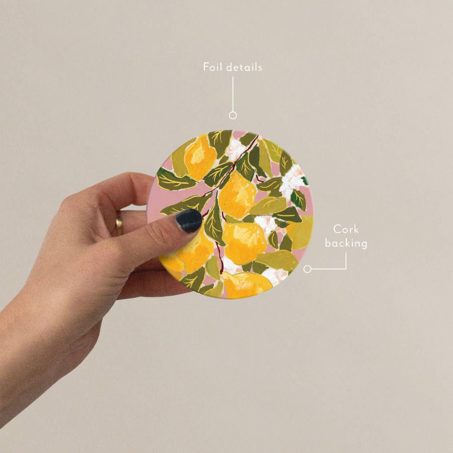 Premium Lemon Seedlings Coasters - Set of 4 Natural Wood Drink Pads for Hot & Cold Beverages - Perfect for Kitchen, Dining Table, and Outdoor Picnics