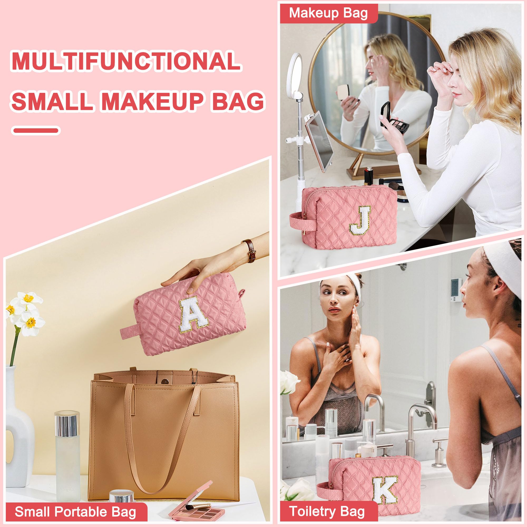 YOOLIFE Easter Makeup Bag for Girls - Small Cosmetic Pouch for Teens & Women, Cute Travel Toiletry Bag with Pink Letter A Design - Perfect Birthday Gift for 5-12 Year Old Girls, Daughter or Sister - Great for School, Travel & Sleepovers