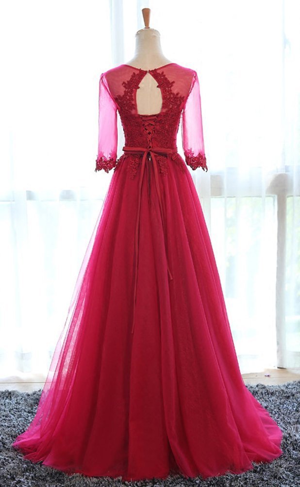 Elegant Women's Half Sleeve Lace Applique Tulle Long Formal Evening Dress for Prom, Wedding & Special Occasions