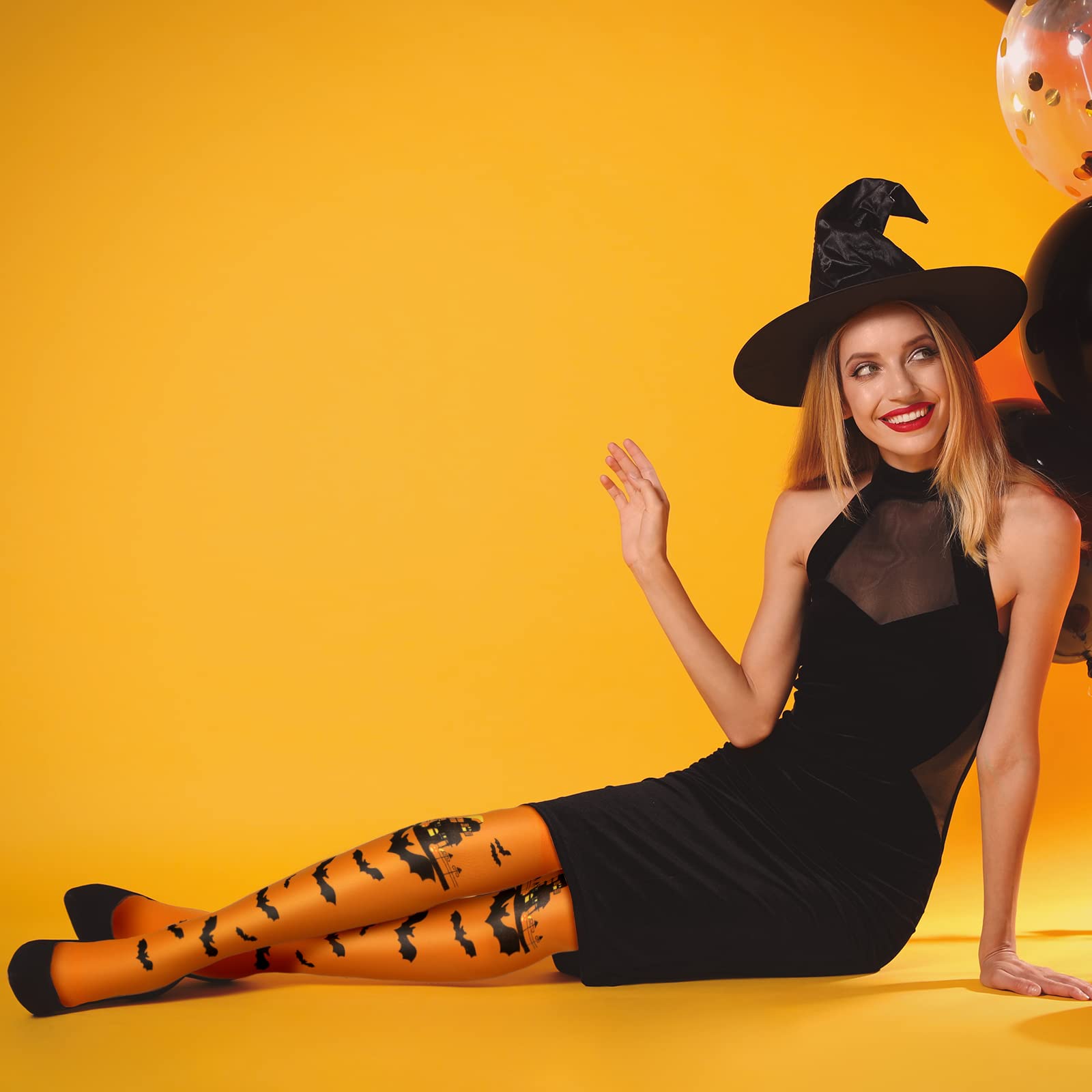 Newcotte 4 Pairs Halloween Thigh High Socks - Bat Skeleton Skull Over Knee Stockings for Women & Girls (Orange/White/Black) | Cosplay, Festival, Party Costume Accessories