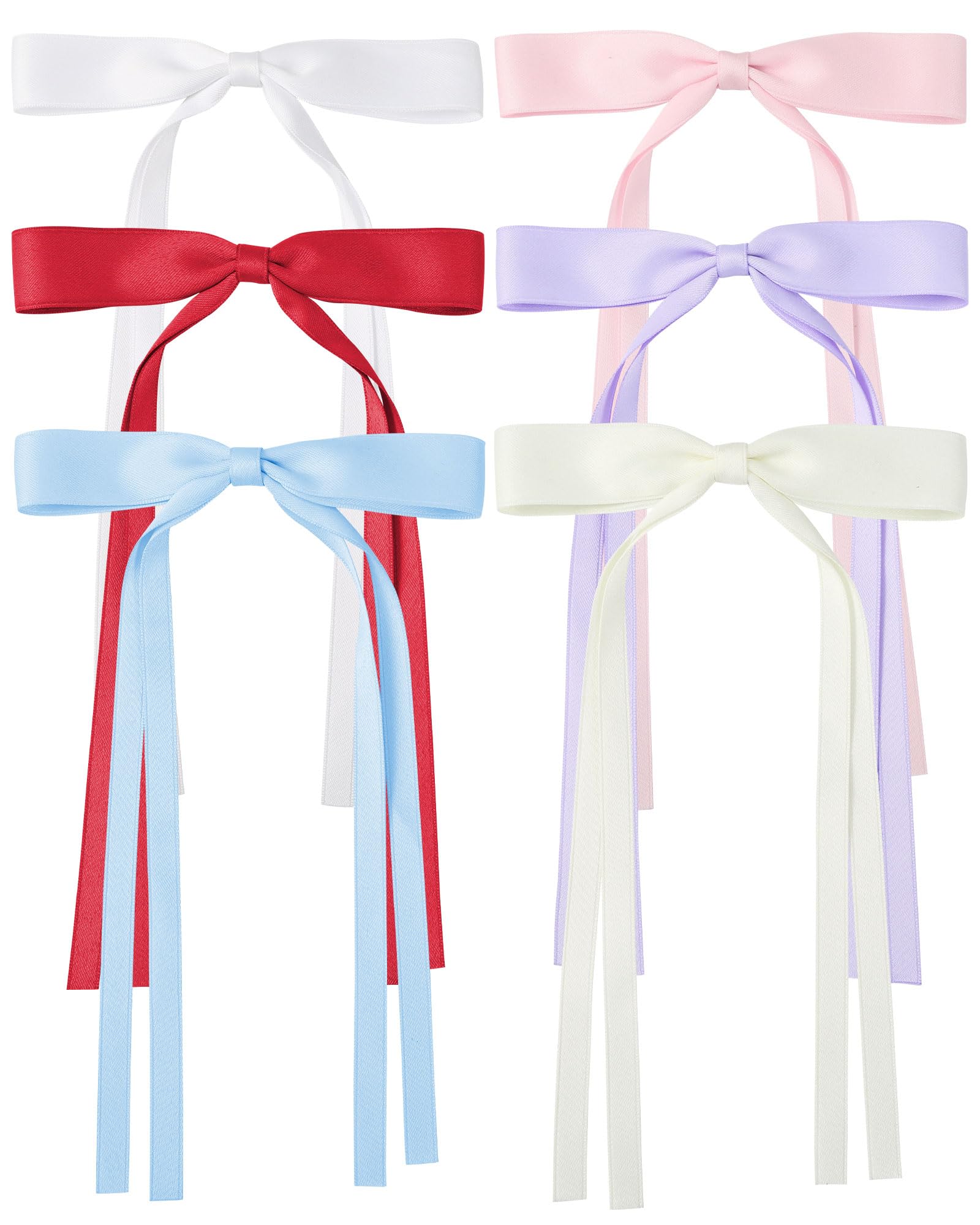 6Pcs Tassel Ribbon Hair Clips for Women & Girls - Colorful Bow Knot Hair Accessories with Long Tails (Blue, Pink, White, Beige, Purple, Red) - Perfect for Parties, Weddings & Daily Styling
