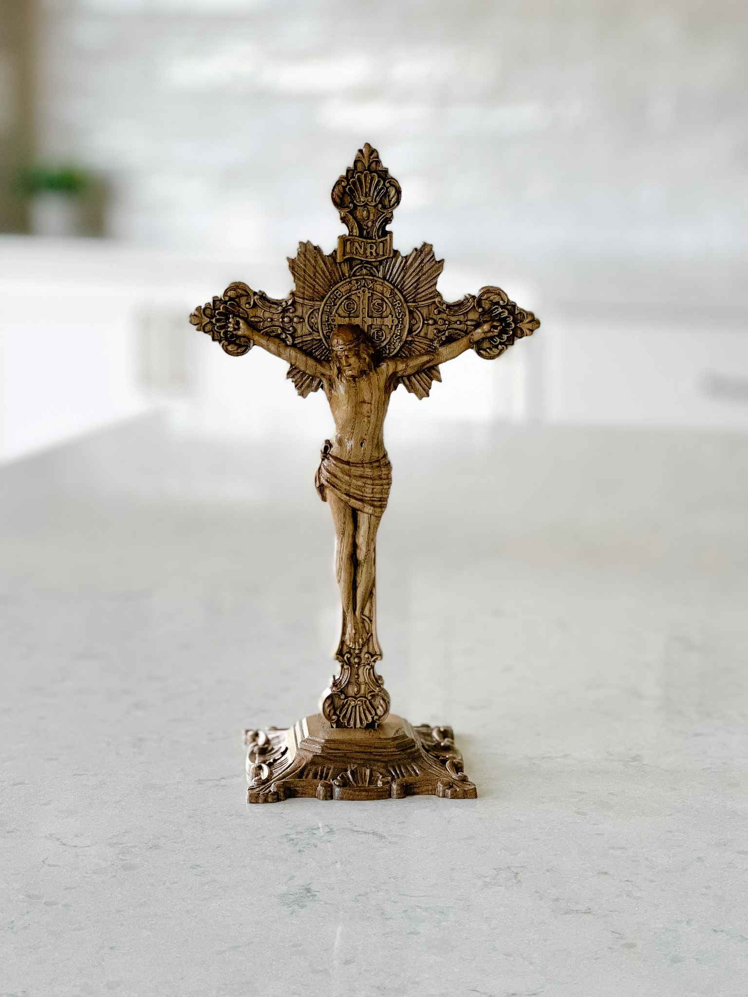 Hand-Carved Wooden Crucifix with Display Base - Perfect for Home Altar, Church Decor, and Religious Gifts