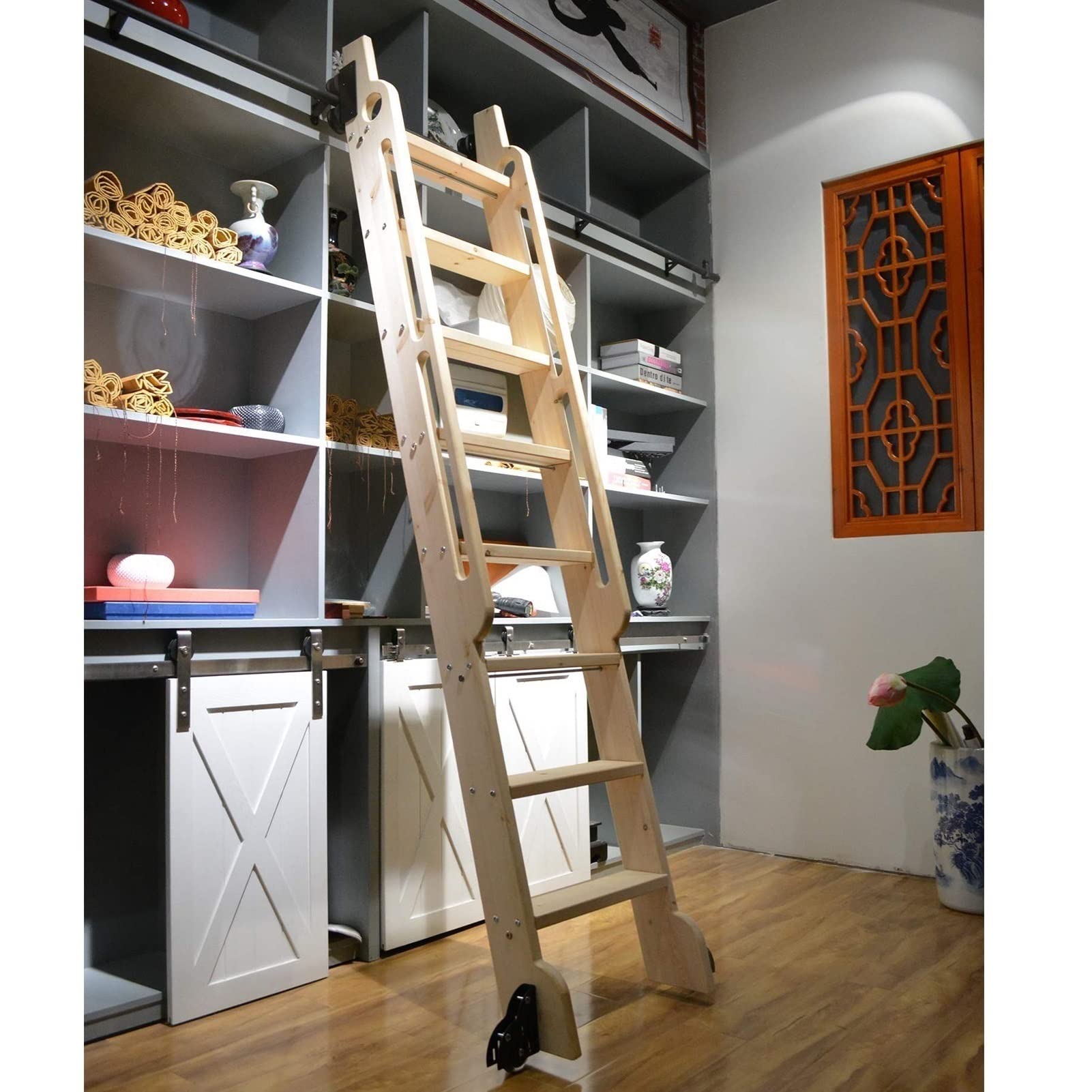 3.3ft to 20ft Steel Rolling Ladder Hardware Kit - Round Tube Sliding Library Ladder Rail System (Ladder Not Included) - Perfect for Home Libraries, Loft Spaces & Warehouse Storage Access