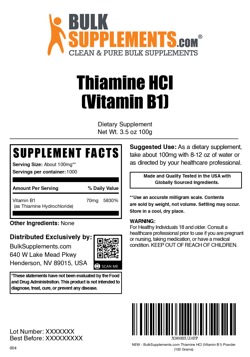 Thiamine HCl (Vitamin B1) Powder - Pure Vitamin B1 Supplement for Energy & Nervous System Support | Ideal for Smoothies, Shakes & Baking