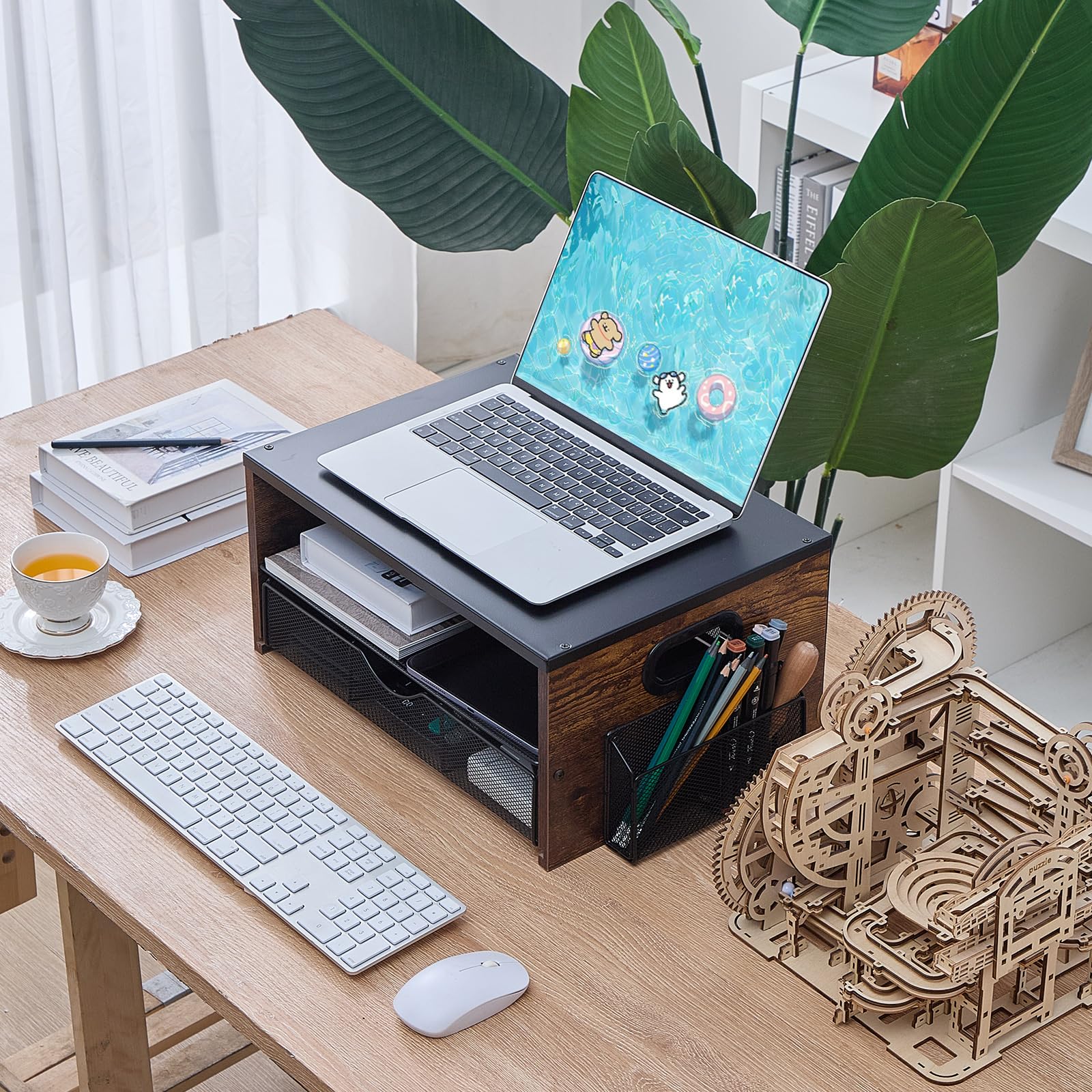 2-Tier Printer Stand with Drawer & Pen Holders - Home Office Desk Organizer for Fax Machine, Scanner & Files - Compact Workspace Storage Solution for Small Spaces