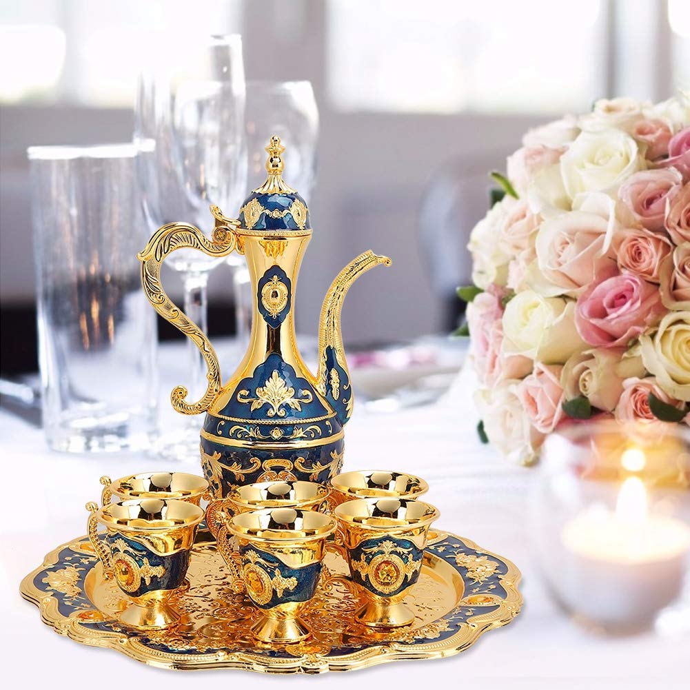 Vintage Turkish Tea Set with Gold Coffee Pot & 6 Cups - Elegant Metal Tea Set with Tray for Home, Bar, Tea Party, Wedding Gift - Perfect for Turkish Coffee Ceremonies & Afternoon Tea Gatherings