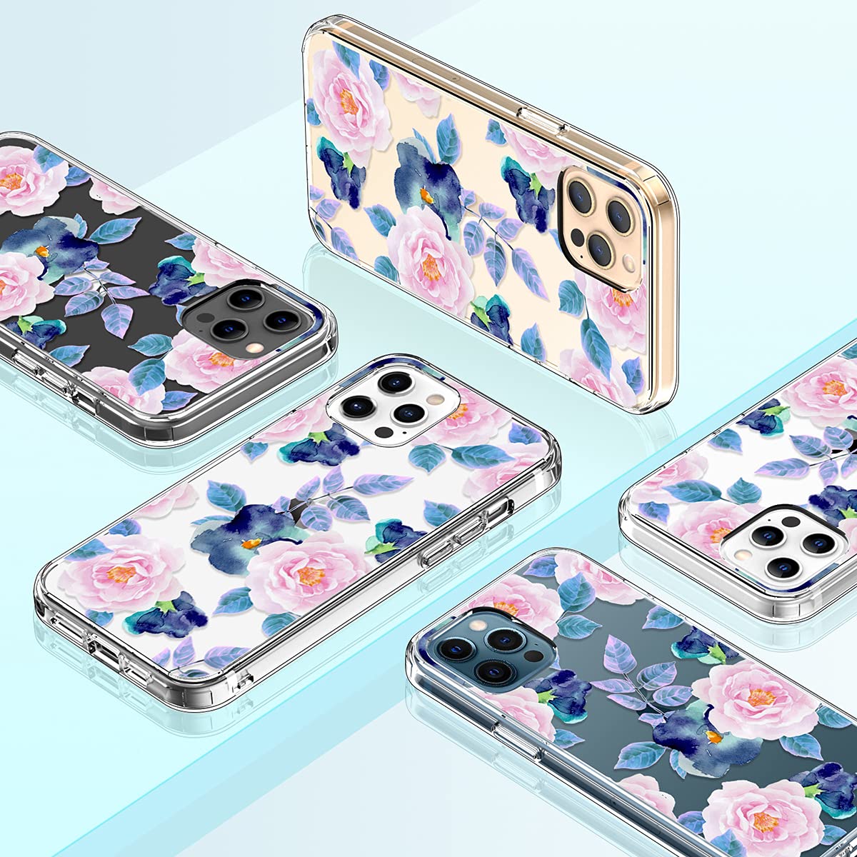 GiiKa iPhone 12 Pro Max Case with Screen Protector - Clear Shockproof Floral Design Hard Case with TPU Bumper - Protective Phone Cover for Women & Girls (Pink Blue Flowers) - Perfect for Everyday Use, Work & Travel Protection