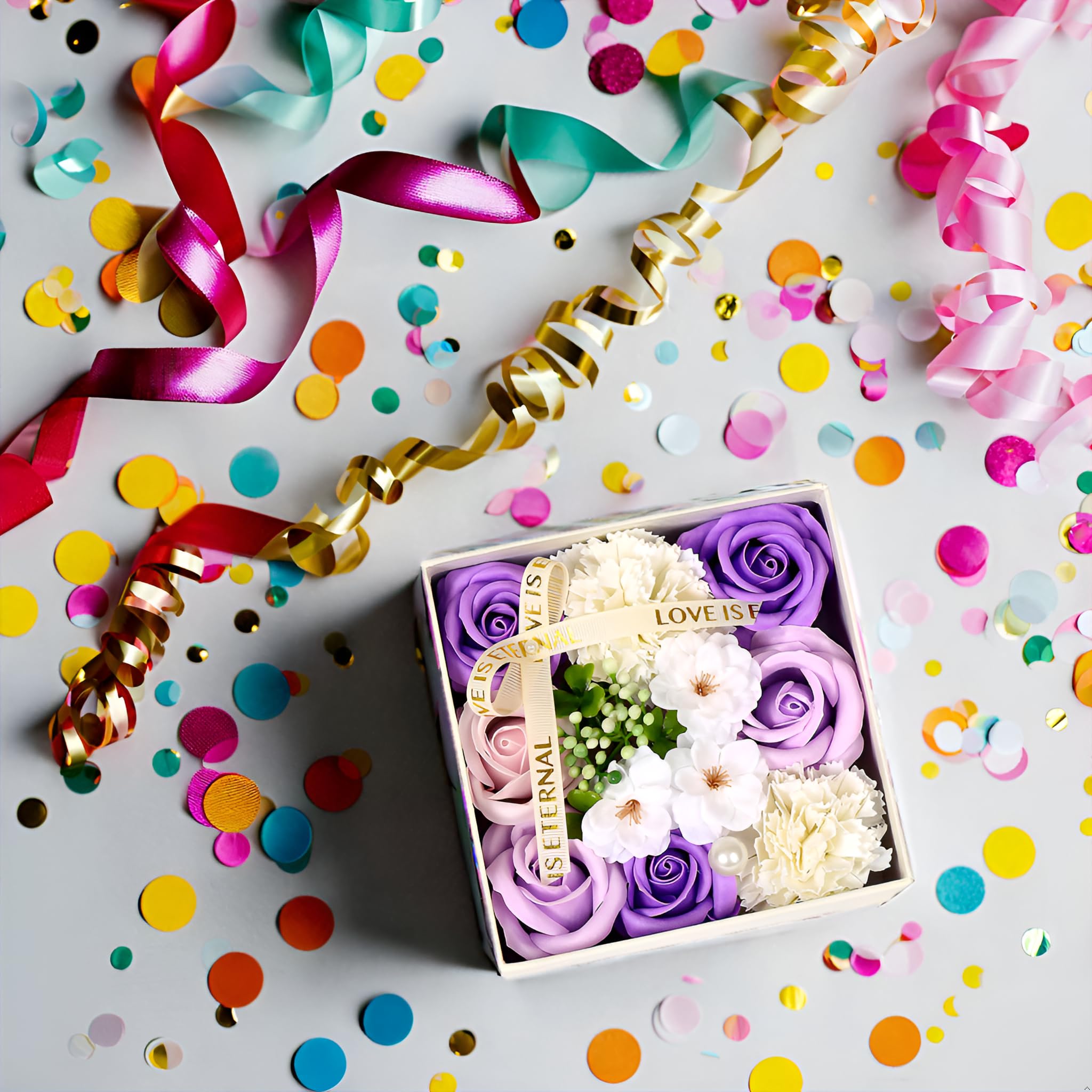 Unique Birthday Gifts for Women - Fresh Flower Gift Box with Surprise Elements | Thoughtful Present for Mom, Wife, Daughter & Girlfriend | Perfect for Anniversaries, Mother's Day & Special Occasions (Purple Square)