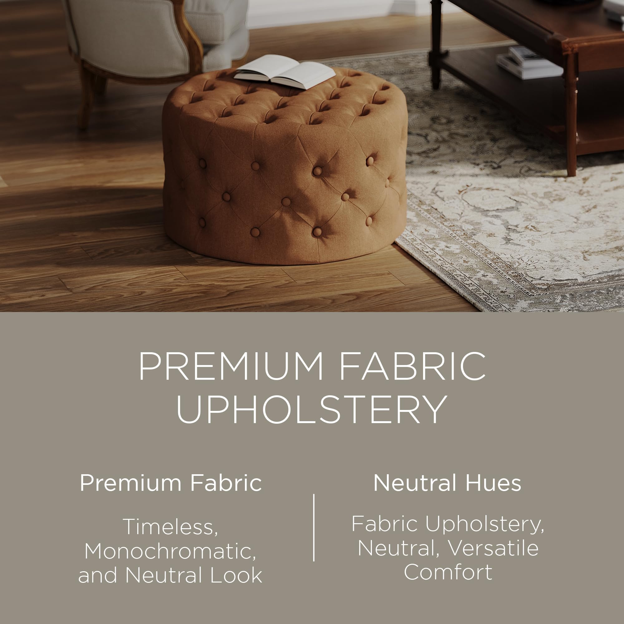 Maven Lane Marcy Traditional Large Round Ottoman with Cushioned Seat - Rustic Clay Fabric Upholstered Footrest for Living Room, Bedroom, or Dorm - Perfect for Relaxing, Extra Seating & Home Decor