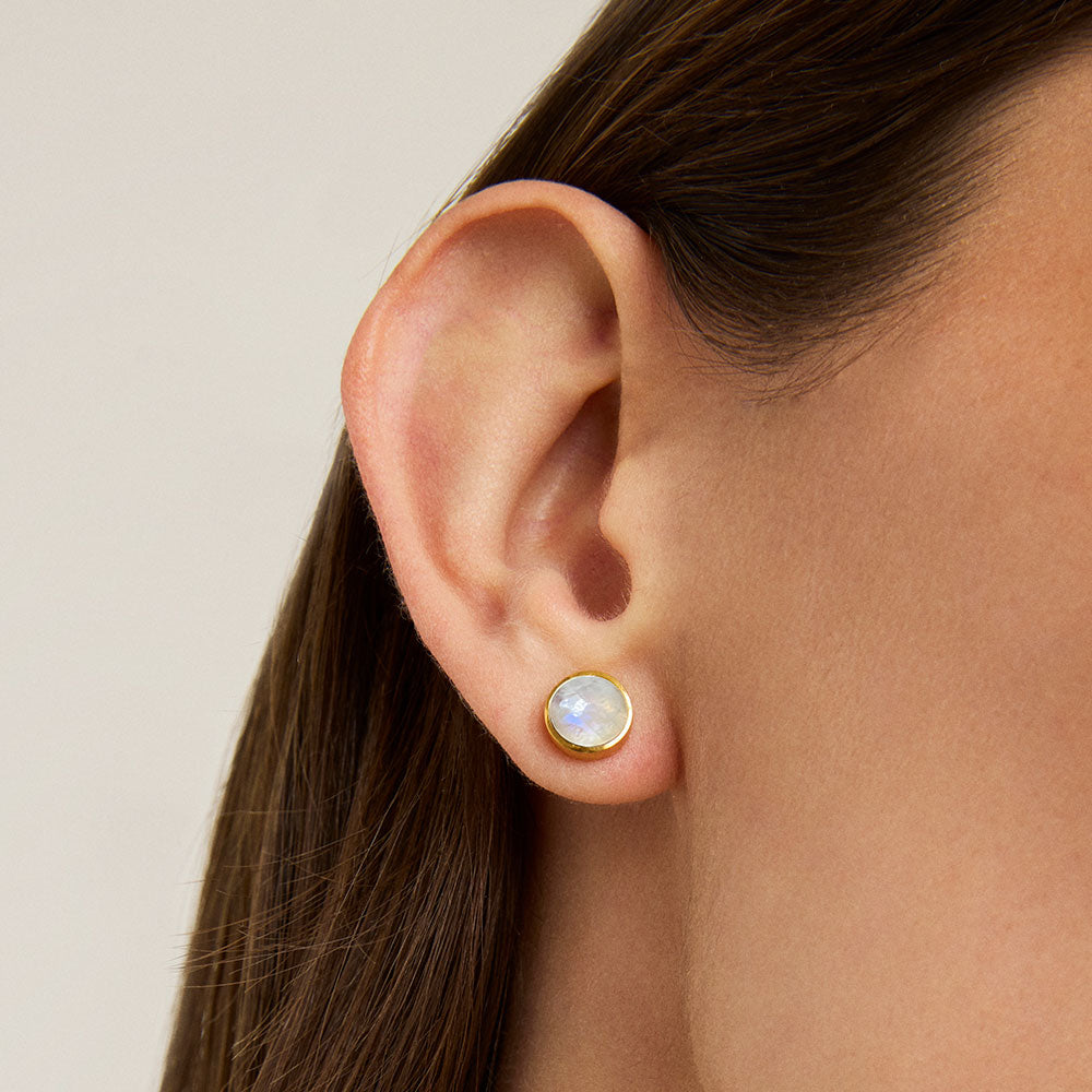 Rainbow Moonstone Stud Earrings - Sterling Silver Midi Hoop Earrings for Women | Perfect for Everyday Wear, Gift Giving & Special Occasions