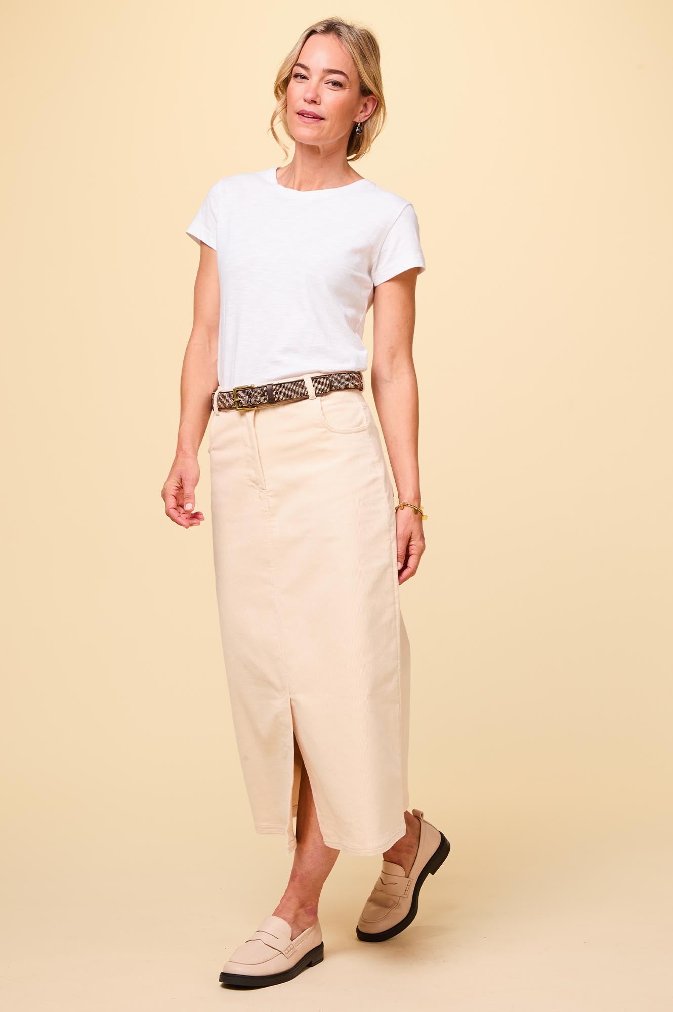 Mallory Stretch Corduroy Skirt for Women - Soft Comfortable High Waist A-Line Mini Skirt in Cream | Perfect for Fall Winter Outfits, Office Wear & Casual Dates