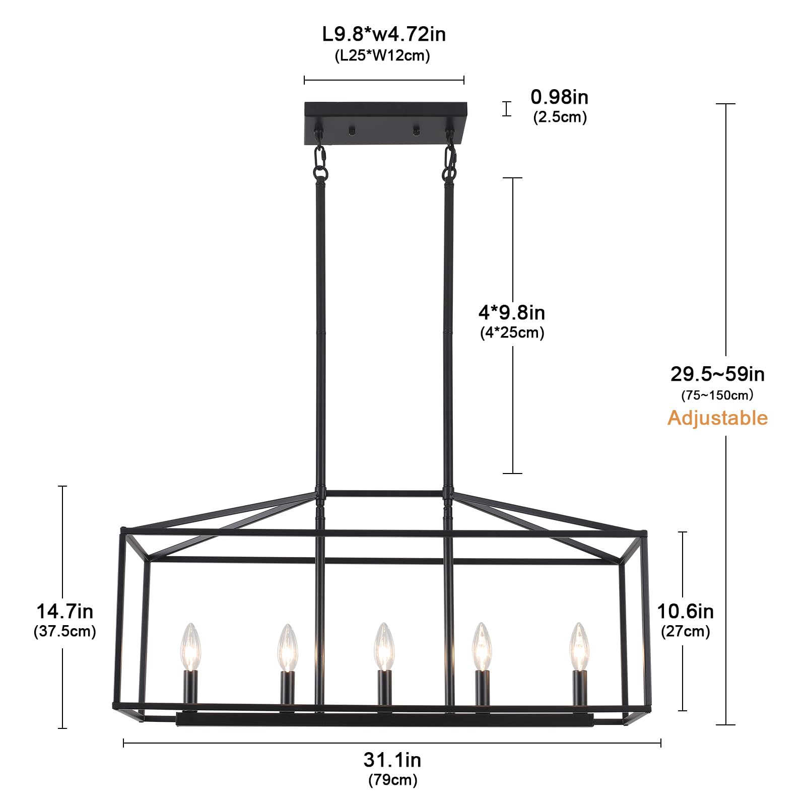 ALISADABOY Modern Black Rectangle Chandelier - 5-Light Linear Pendant Lighting for Farmhouse Dining Room, Rustic Kitchen Island & Living Room | Perfect Over Dining Table & Kitchen Counter