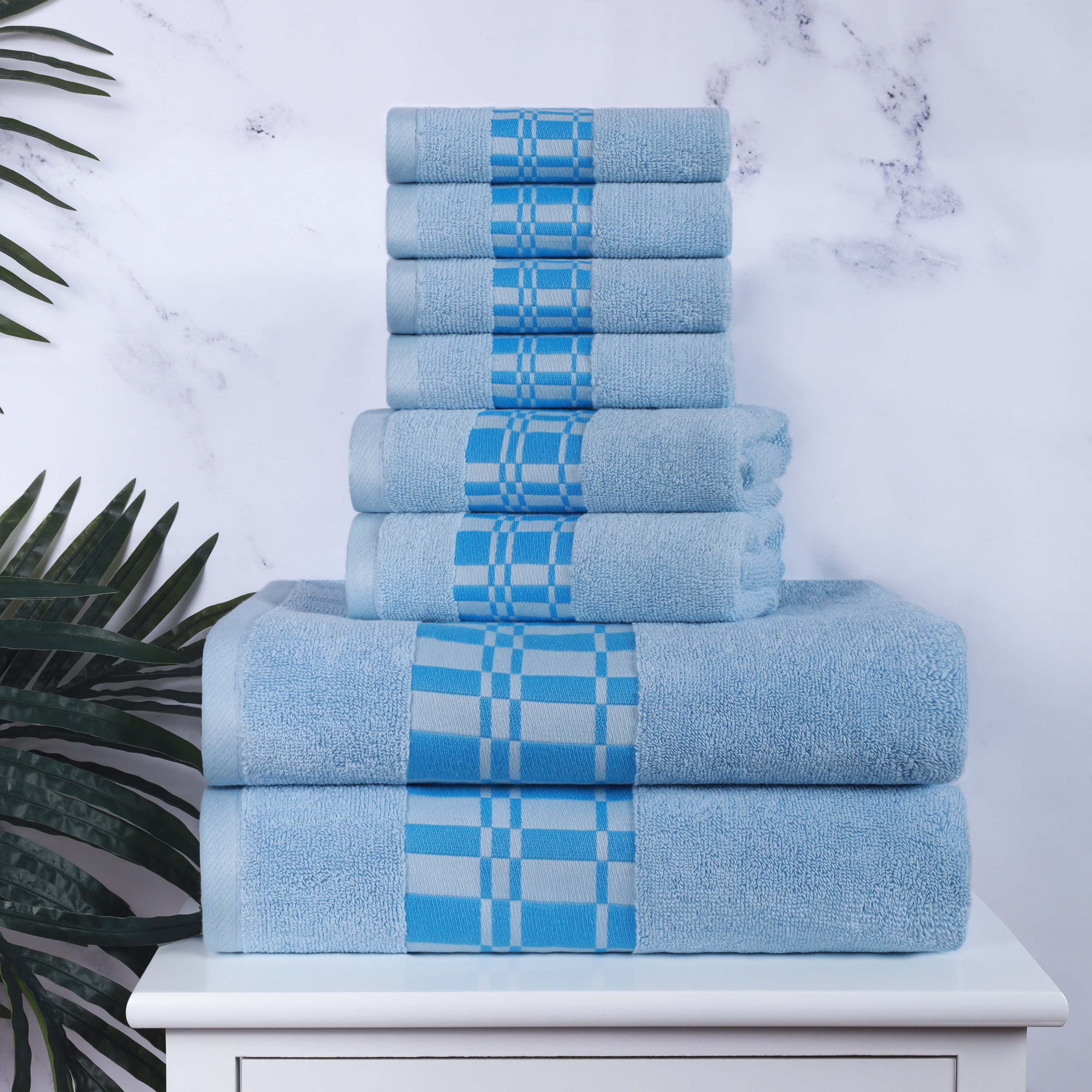 Larissa Cotton Geometric Embroidered Border 8-Piece Towel Set | Soft Bath & Beach Towels for Spa, Pool & Home Decor