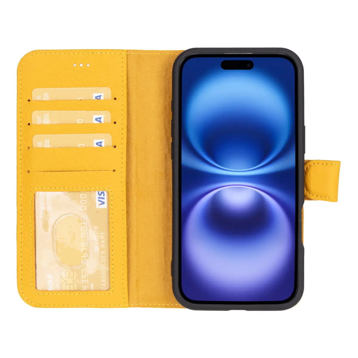 Premium Yellow Leather Wallet Case for iPhone 16 Plus - Slim Protective Phone Cover with Card Slots | Perfect for Everyday Use, Travel & Business Meetings