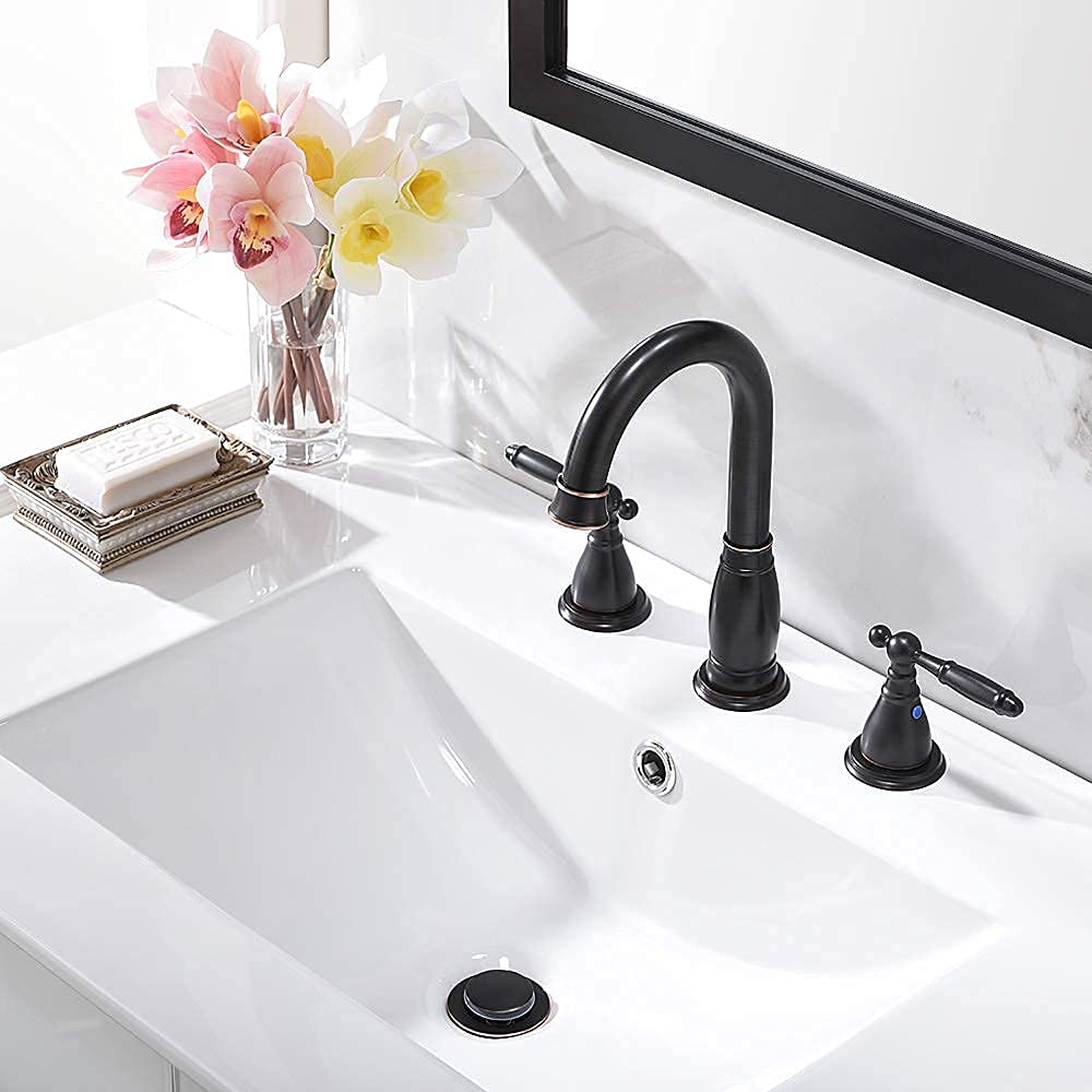8 Inch 3 Hole Widespread Bathroom Faucet with Metal Pop Up Drain - Modern Matte Black Lavatory Sink Faucet by PHIESTINA | Perfect for Bathroom Renovation & Vanity Upgrade