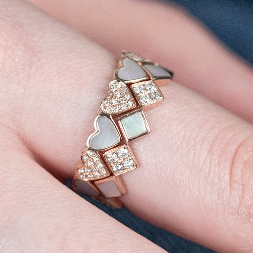 14k Rose Gold Diamond and Mother of Pearl Eternity Ring - Stackable Wedding Band, Anniversary Gift for Her, Perfect for Bridal Jewelry and Special Occasions