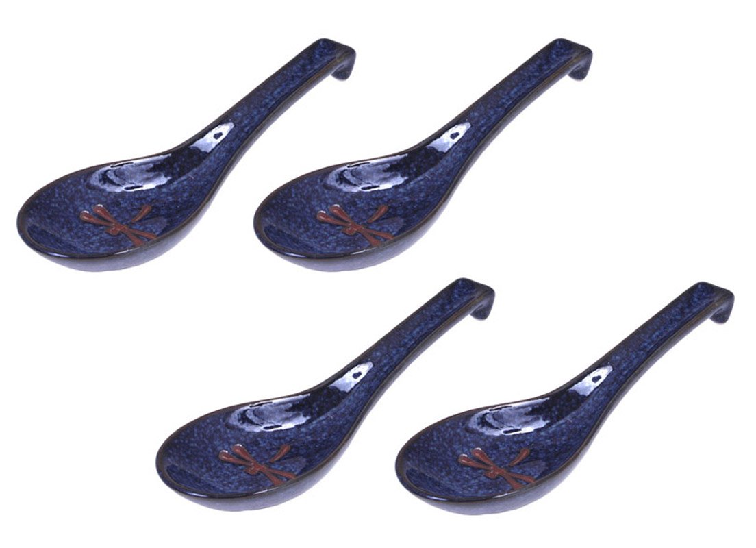 Happy Sales HSSP-BDF4 - 4 Piece Ceramic Soup Spoon Set with Blue Dragonfly Design, Elegant Dining Utensils for Asian Cuisine, Home Kitchen & Restaurant Use
