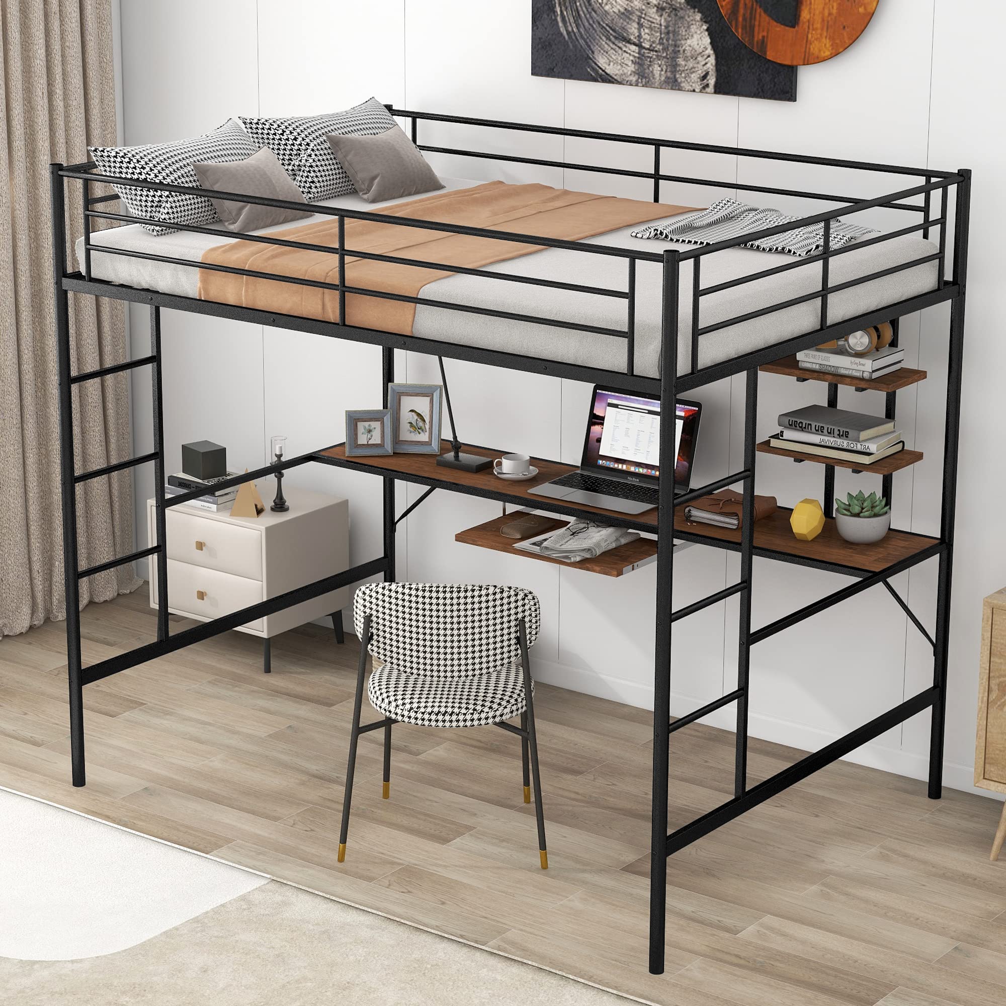 **Heavy Duty Full Metal Loft Bed with Built-in Desk & Shelves - Sturdy Steel Frame for Kids, Teens & Adults - No Box Spring Required - Space-Saving Black Loft Bed for Small Rooms, Dorms & Apartments**