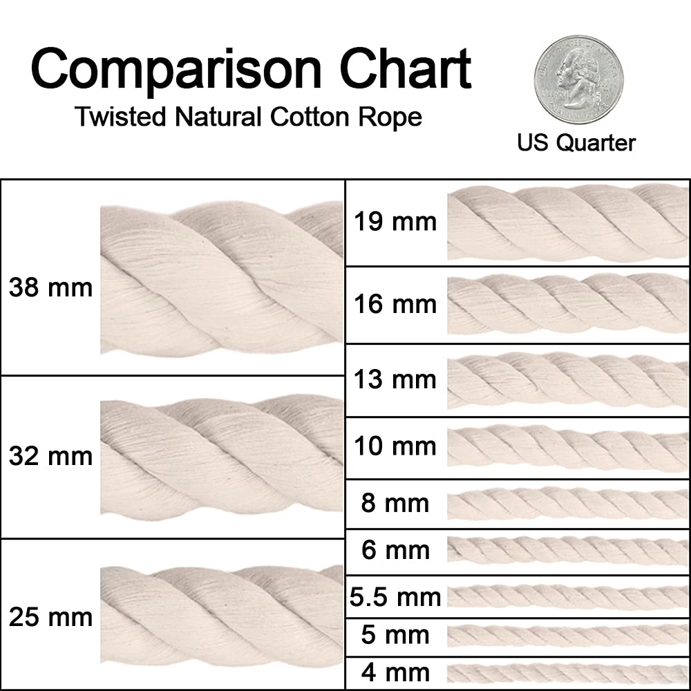 Premium Natural Cotton Rope - 1/4 Inch Twisted White Cotton Cord (6.35mm x 25ft) for Macrame, Crafts, DIY Home Decor & Gardening Projects